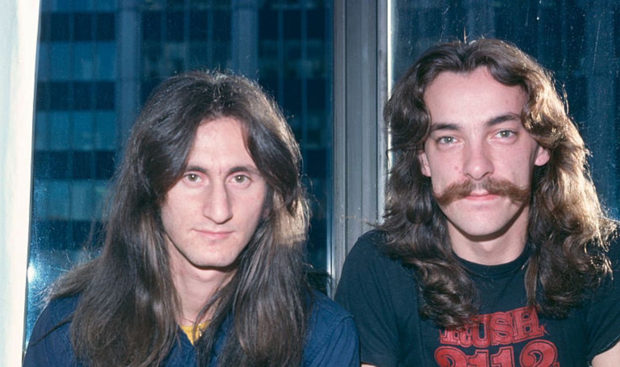 Geddy Lee and Neil Peart of Canadian progressive rock trio, Rush, portrait, United States, April 1977. 