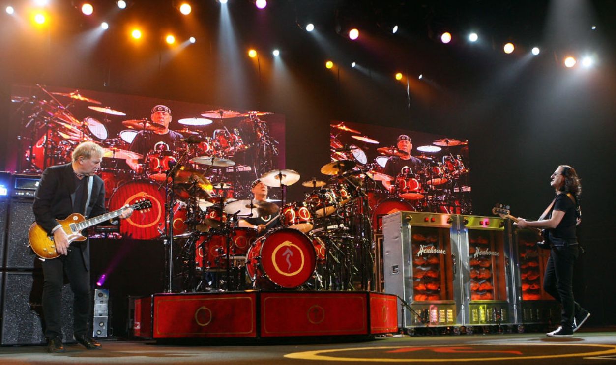 LAS VEGAS - MAY 10: (L-R) Rush guitarist Alex Lifeson, drummer Neil Peart and singer/bassist Geddy Lee, perform at the Mandalay Bay Events Center on May 10, 2008 in Las Vegas, Nevada. The rock trio are touring in support of the album, 