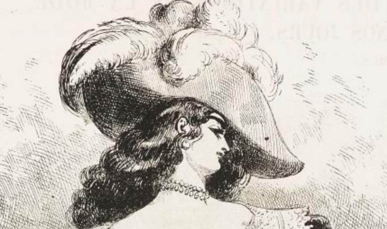 Fashion from 1600-1861: the heroine from a novel (like Mademoiselle de Maupin), Louis XIII period, illustration by Emile Marcelin (1825-1887) from the Journal pour rire, Journal Amusant, No 275, April 6, 1861.