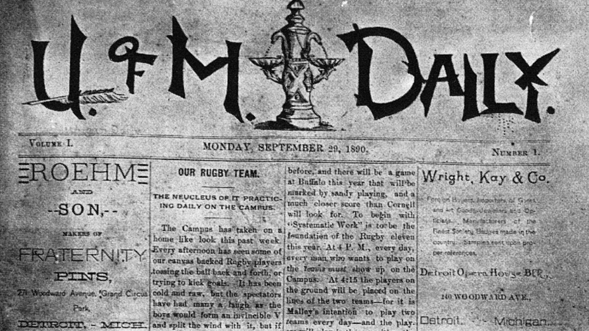 Photograph of front page of the first issue of The Michigan Daily, Sept. 1890