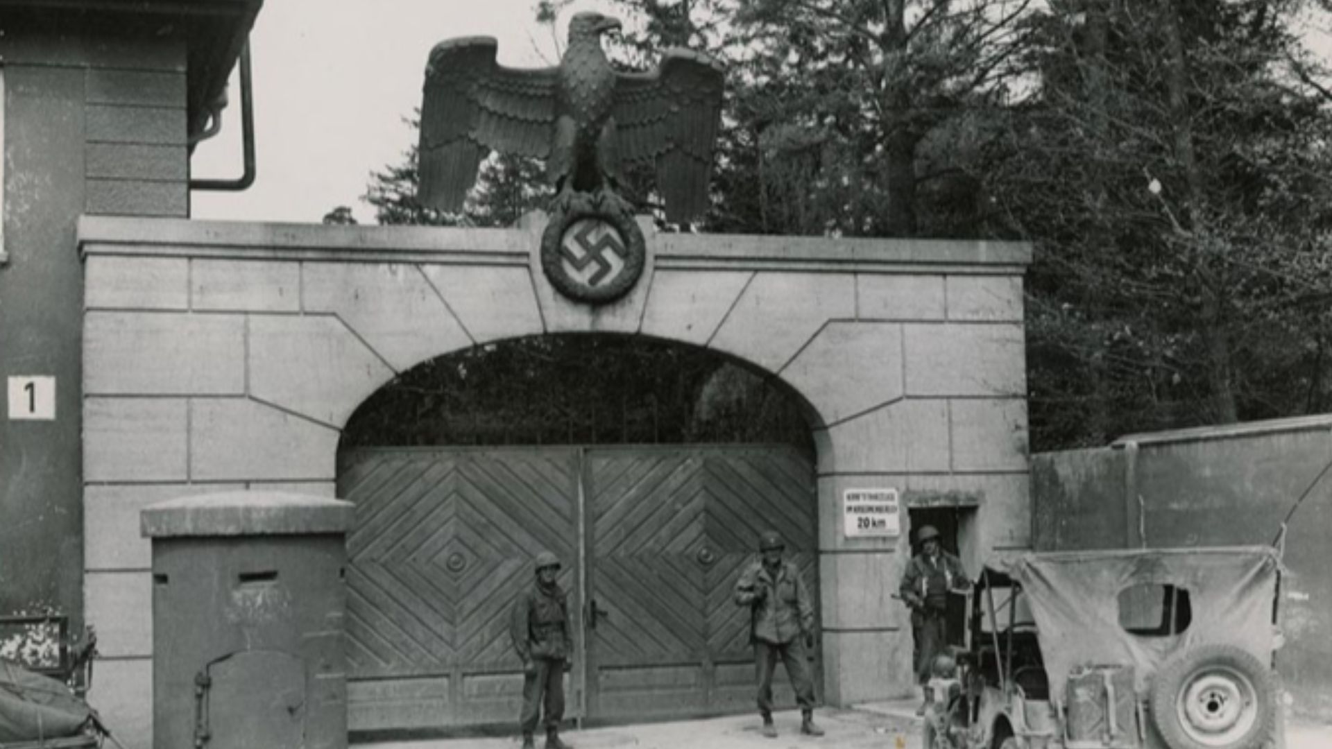 Gates at the main entrance to Dachau concentration camp, 1945