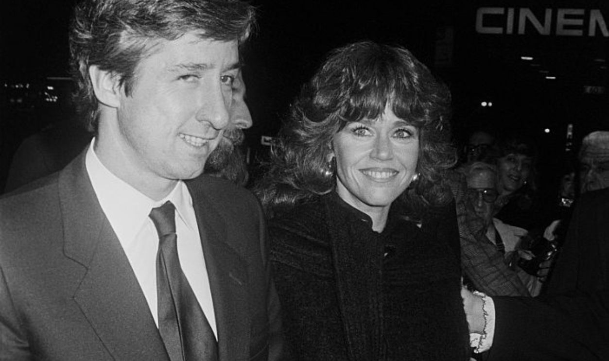 Tom Hayden with Jane Fonda outside the theater showing On Golden Pond.; circa 1970; New York.