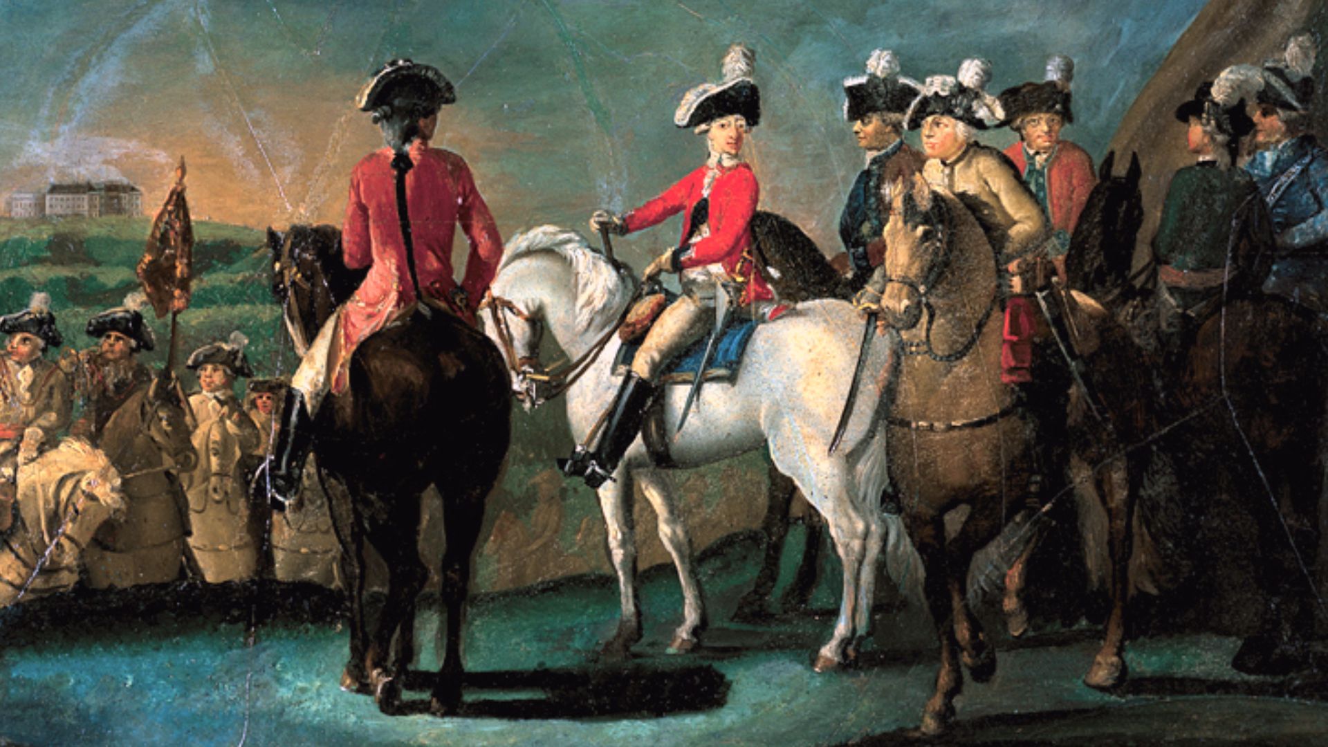 19-year-old Crown Prince Frederik(Frederik VI of Denmark) surrounded by his staff and officers of the Royal Horse Guard. In the background Frederiksberg Palace. Painting by Christian August Lorentzen.
