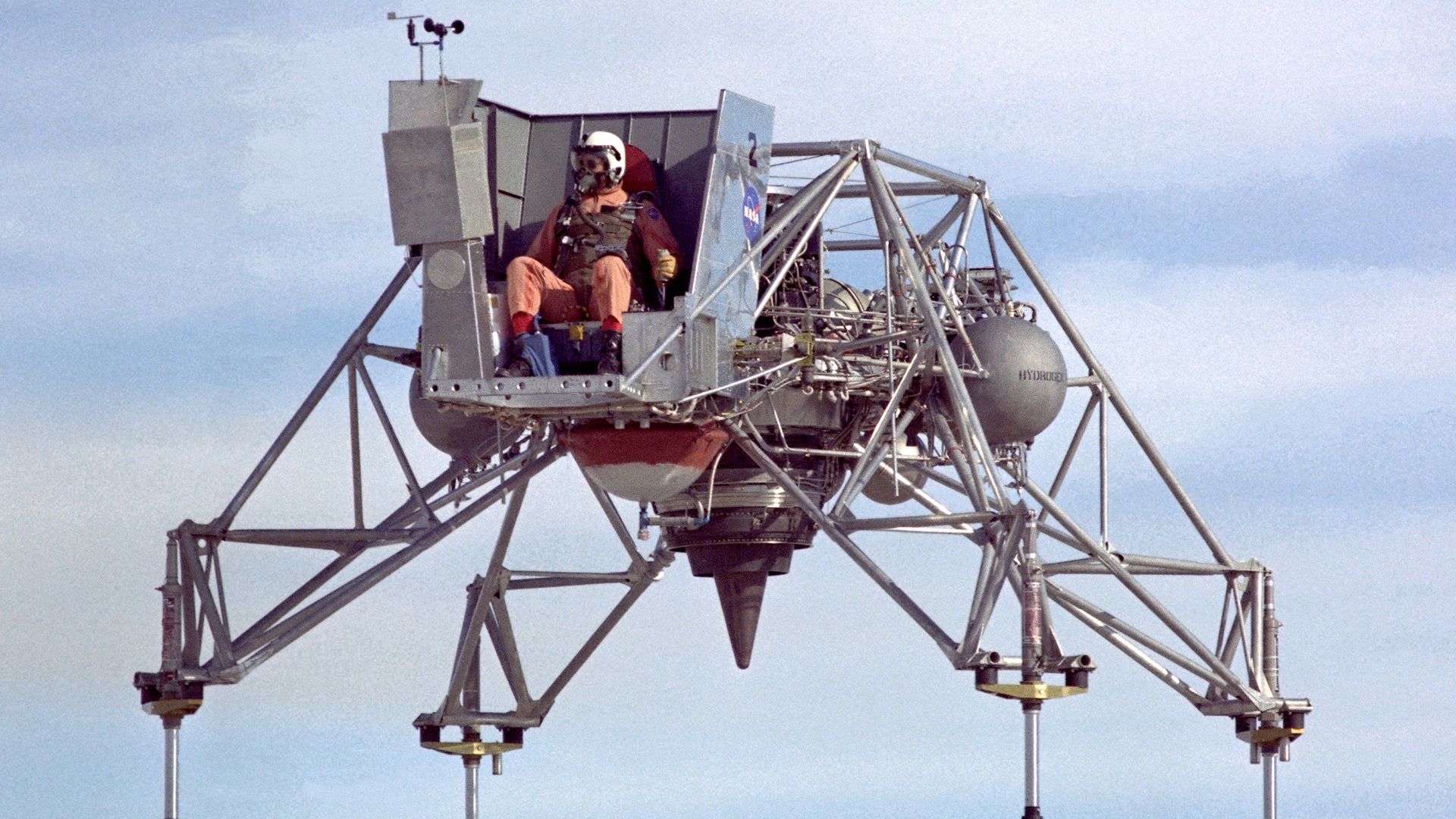 In this 1967 NASA Flight Research Center (now Armstrong Flight Research Center) photograph the Lunar Landing Research Vehicle (LLRV) is viewed from the front. This photograph provided a good view of the pilot’s platform with the restrictive cockpit view like that of the real Lunar Module. NASA research pilot Joe Walker Pilots. 
Image #: ECN-1606

Date: January 11, 1967
