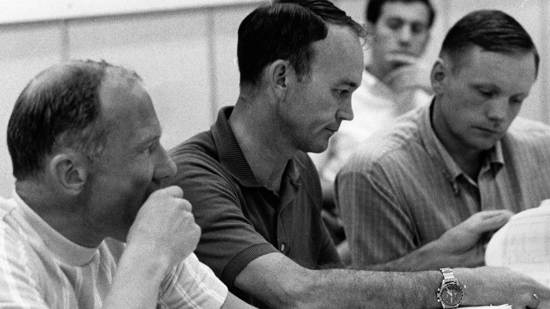 File:Buzz Aldrin (left), Mike Collins, and Neil Armstrong review flight plans.jpg