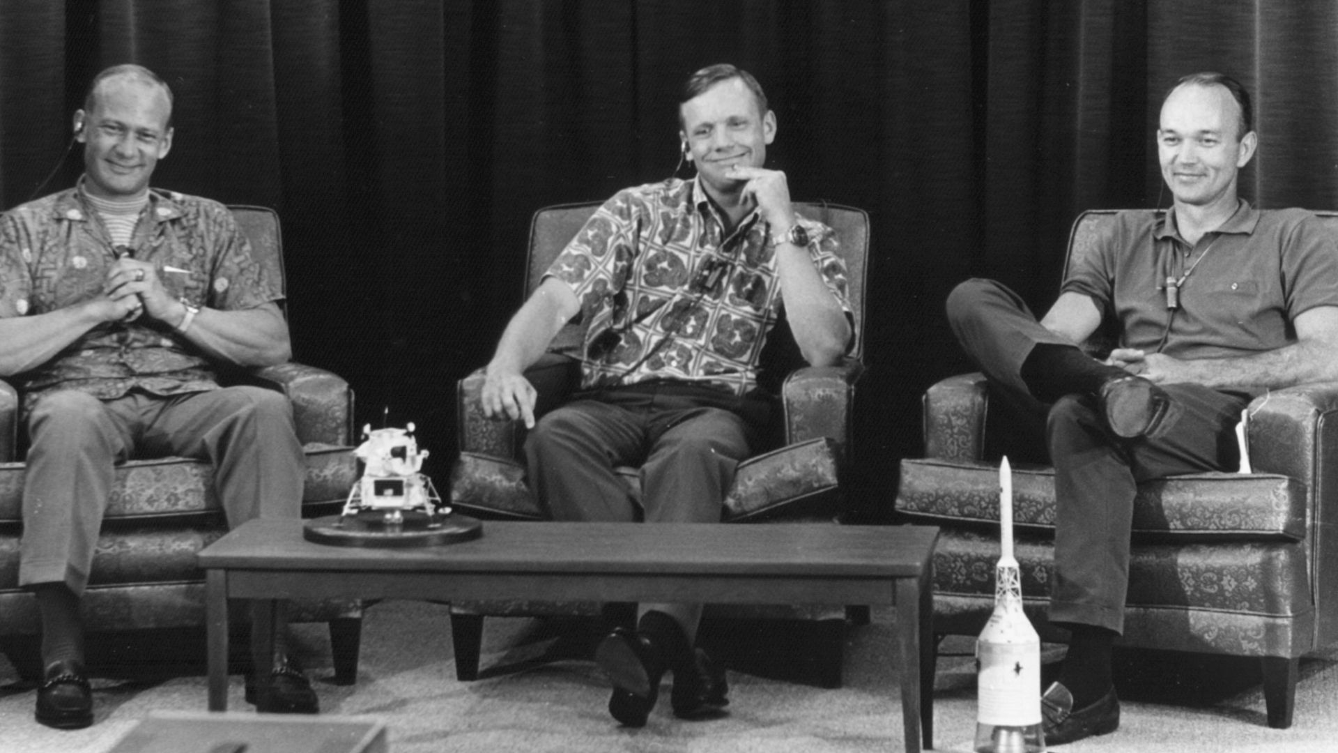 Buzz Aldrin (left), Neil Armstrong, and Michael Collins during the last pre-flight press conference. Photo filed 13 July 1969.