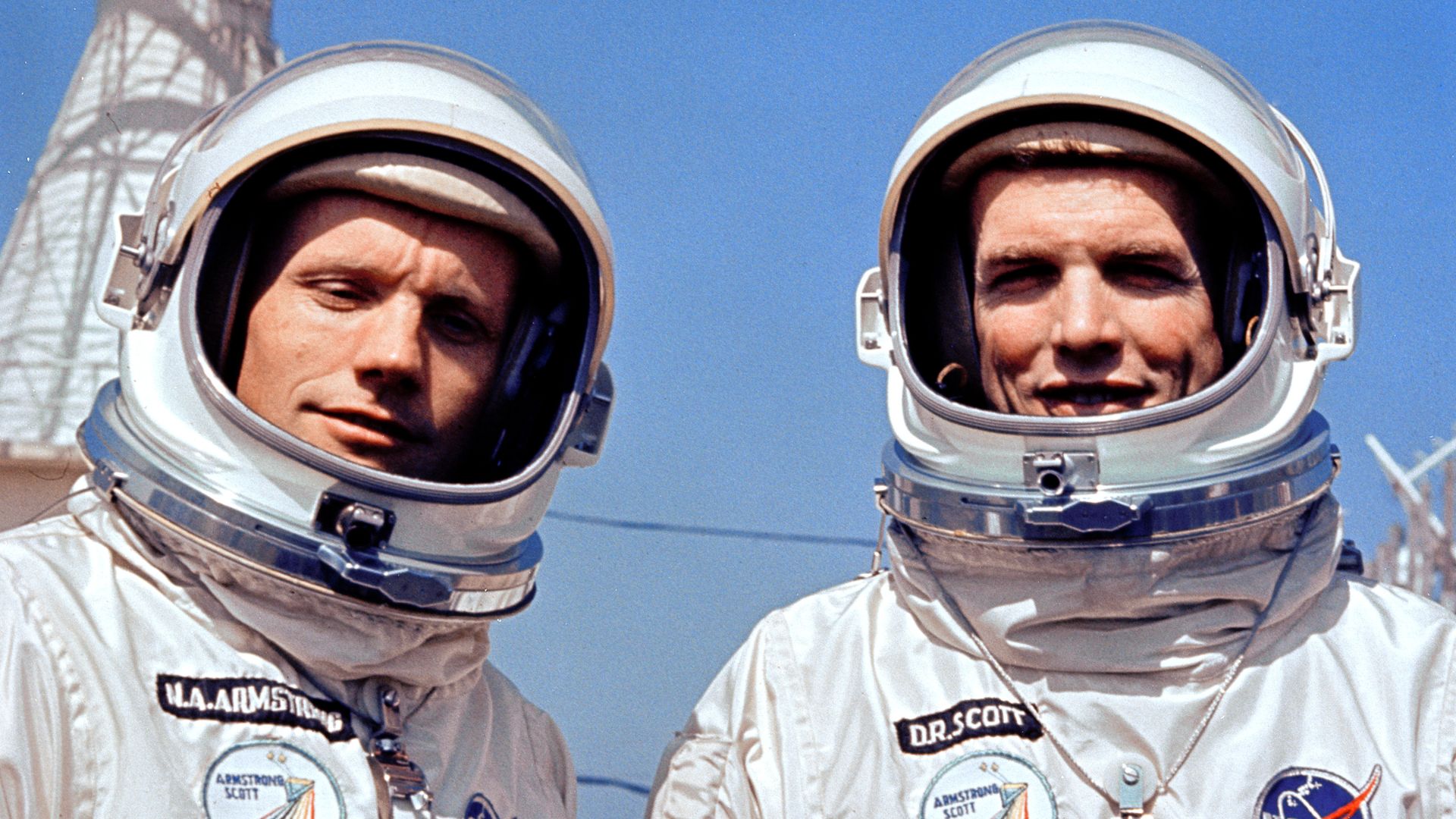 Gemini 8 Astronauts Neil A. Armstrong, Command Pilot, and David R. Scott, Pilot, during a Photo Session for the Press outside Mission Control Center, Cape Kennedy.