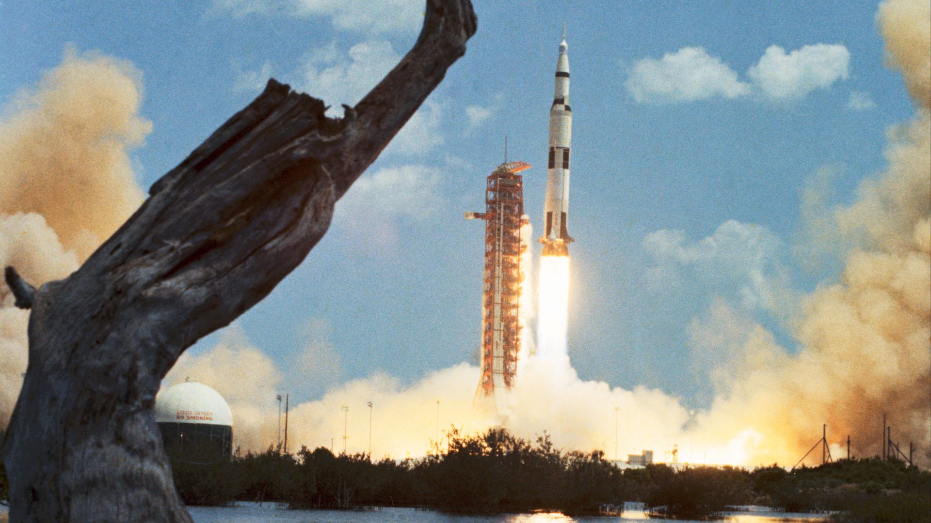 S72-35347 (16 April 1972) --- The huge, 363-feet tall Apollo 16 (Spacecraft 113/Lunar Module 11/ Saturn 511) space vehicle is launched from Pad A, Launch Complex 39, Kennedy Space Center (KSC), Florida, at 12:54:00.569 p.m. (EST), April 16, 1972, on a lunar landing mission. Aboard the Apollo 16 spacecraft were astronauts John W. Young, commander; Thomas K. Mattingly II, command module pilot; and Charles M. Duke Jr., lunar module pilot. While astronauts Young and Duke descended in the Lunar Module (LM)