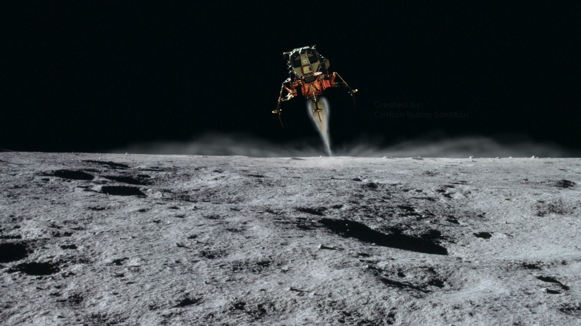 I created this composition using Adobe Photoshop CS6, and the original pictures from NASA, taken by the astronauts. I took a Lunar Module captured in space, and put in a picture taken on the Moon's surface. This is more or less what the Moon landing of the Apollo 11 (and the rest of the Apollo Missions) would have looked like from the surface.
