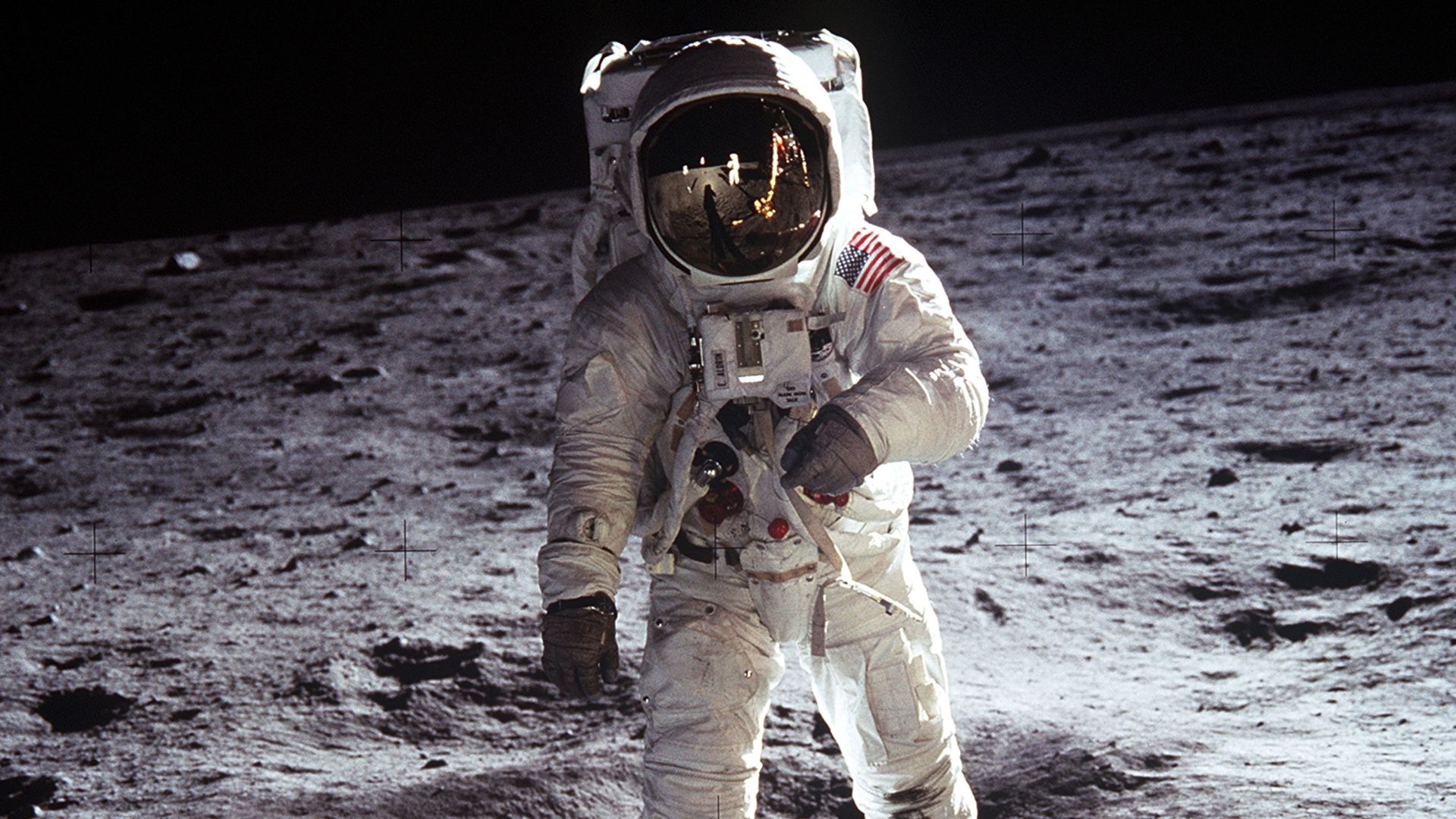 Short description: Astronaut Buzz Aldrin on the Moon
Full description: Astronaut Buzz Aldrin, Lunar Module pilot, walks on the surface of the Moon near the leg of the Lunar Module (LM)