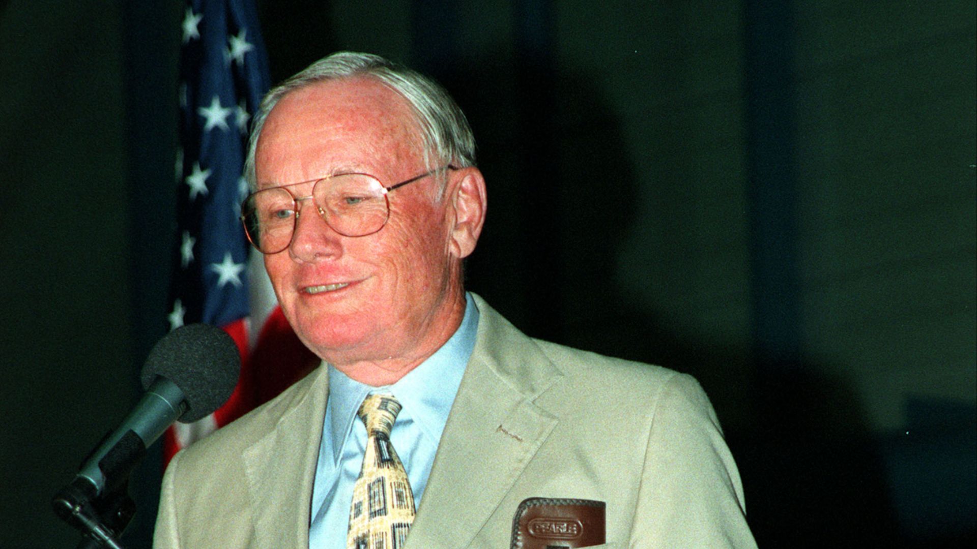 Neil Armstrong, former astronaut, commander of Apollo 11, and first man to walk on the moon, talks about his experiences for an enthusiastic audience at the Apollo/Saturn V Center, part of the John F. Kennedy Space Center Visitor Complex. The occasion was a banquet celebrating the 30th anniversary of the Apollo 11 launch and moon landing, July 16 and July 20, 1969. Among other guests at the banquet were astronauts Wally Schirra, Edwin