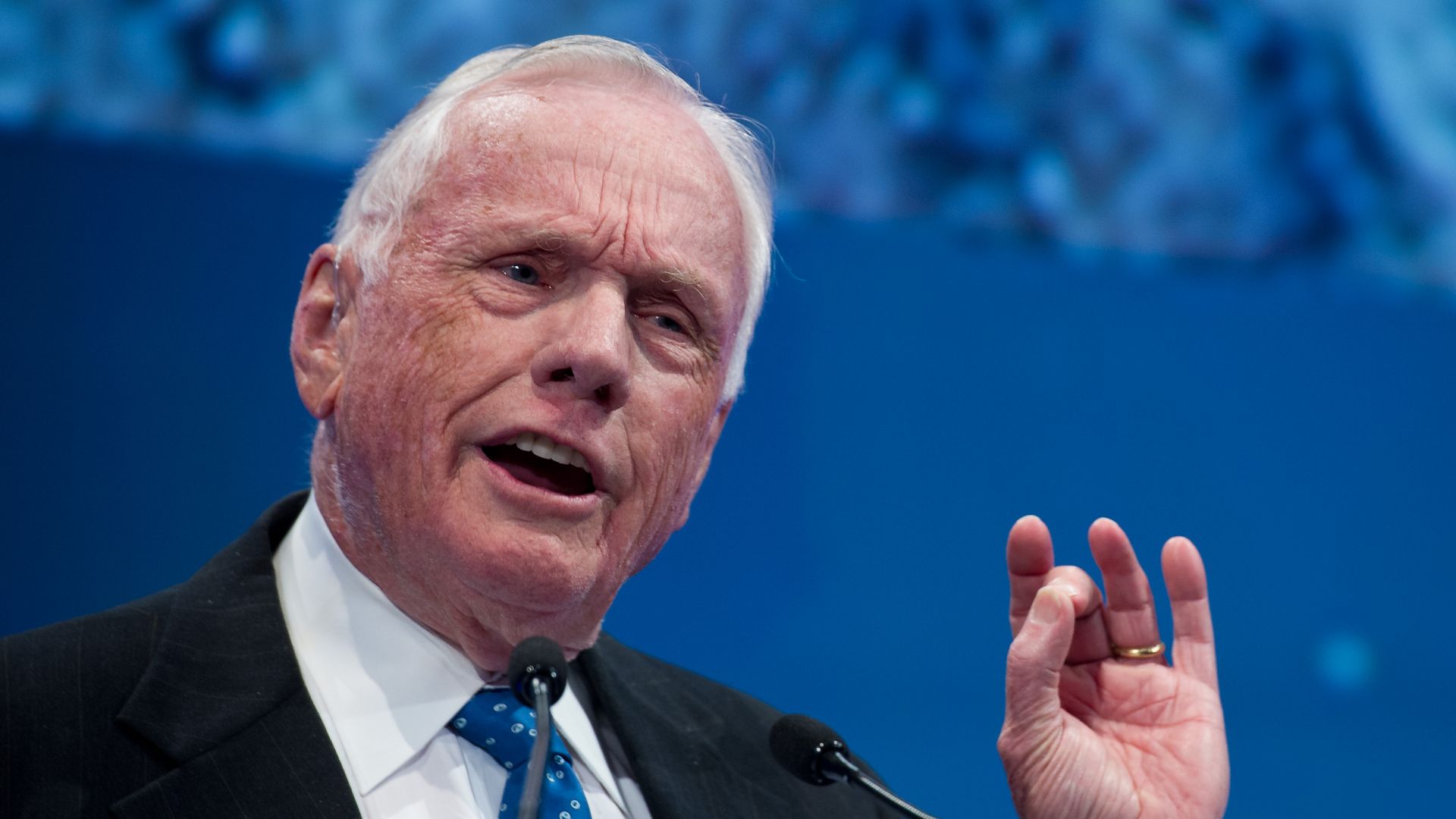 Apollo 11 astronaut Neil Armstrong speaks during a celebration dinner at Ohio State University in Columbus, Ohio, on Monday, 20 February 2012, honouring the 50th anniversary of John Glenn's first spaceflight. Glenn was the first American to orbit the earth in the Friendship 7 spaceflight on 20 February 1962.