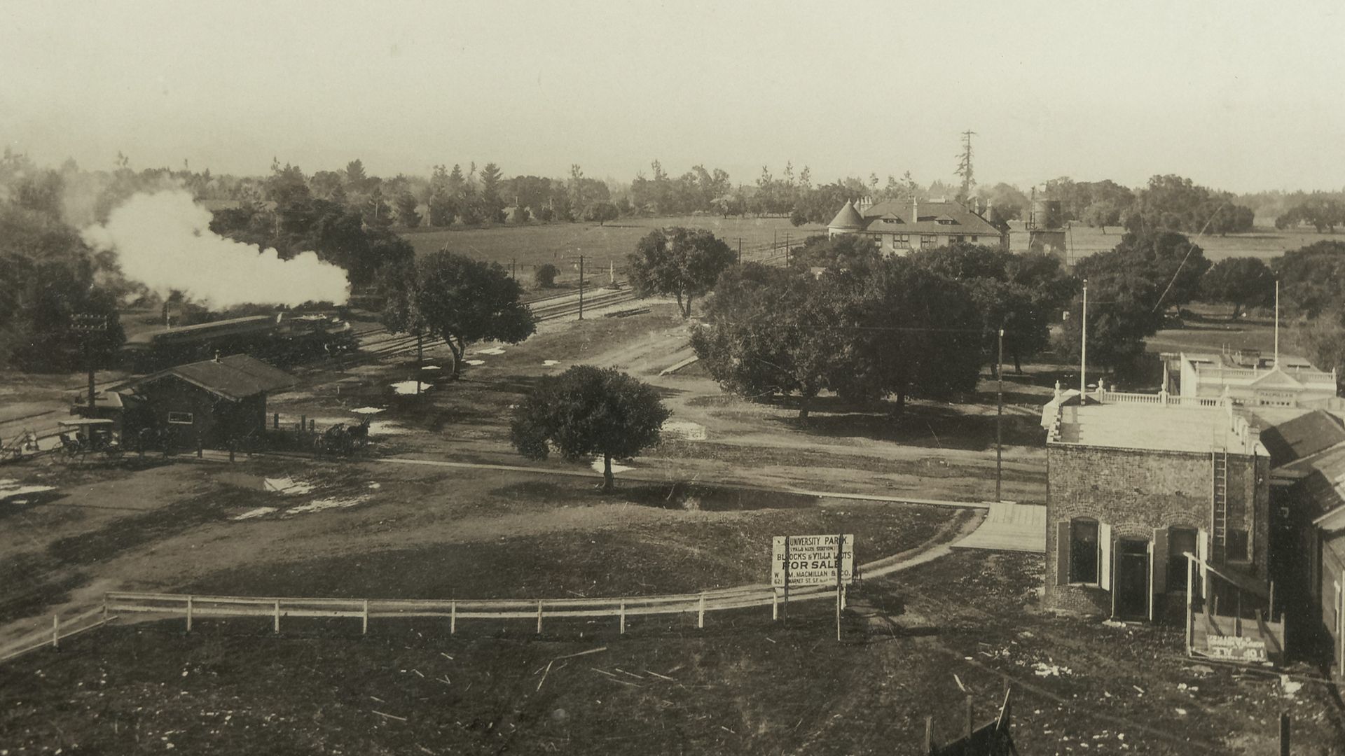 Picture of University Avenue in Palo Alto, CA. A for-sale sign is visible. The famous El Palo Alto tree is visible in the distance. Captioned at the Palo Alto Museum as