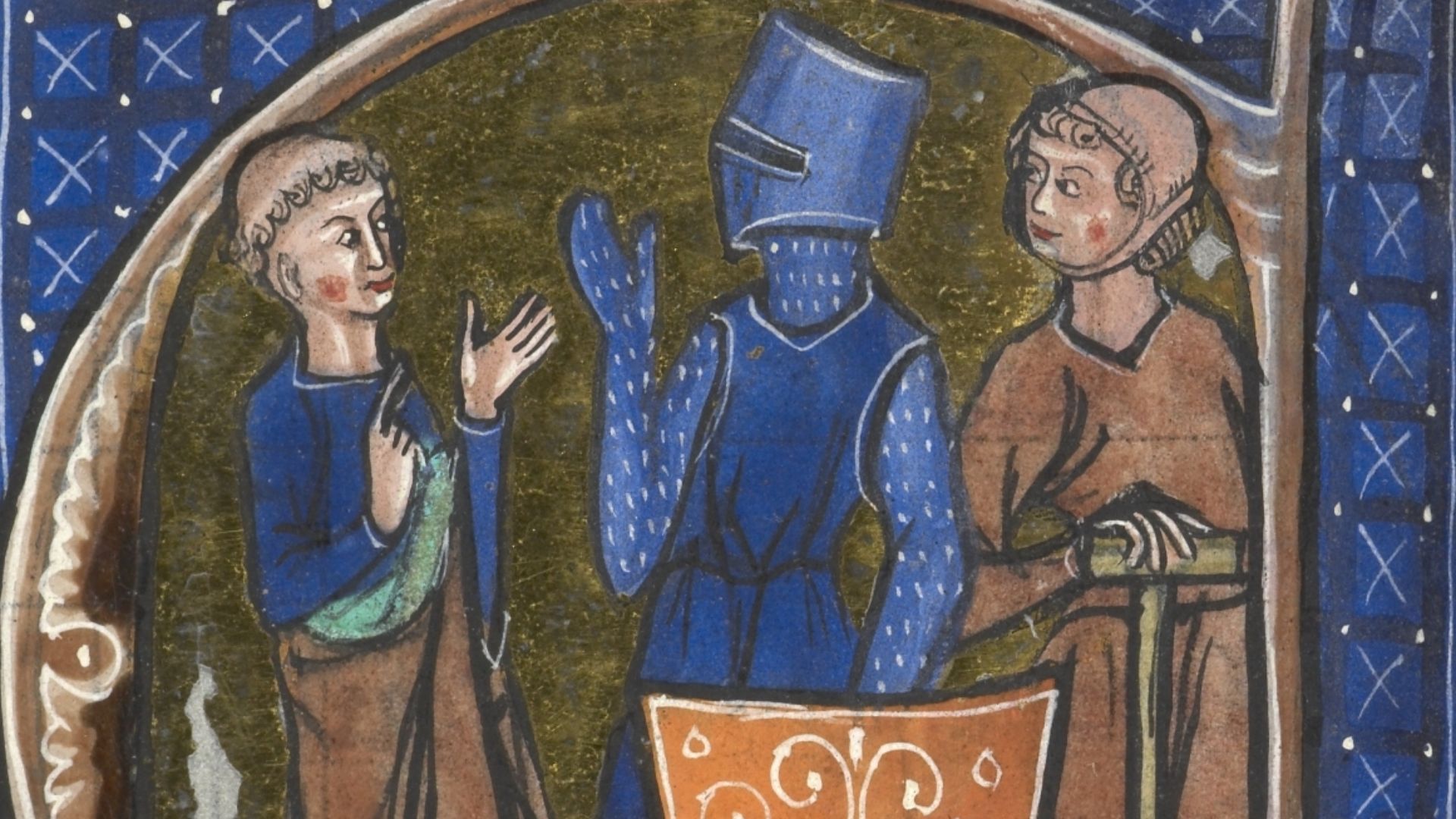 An inhabited initial from a 13th-century French text representing the tripartite social order of the Middle Ages: the ōrātōrēs (those who pray – clerics), bellātōrēs (those who fight – knights, that is, the nobility), and labōrātōrēs (those who work – peasants and members of the lower middle class).