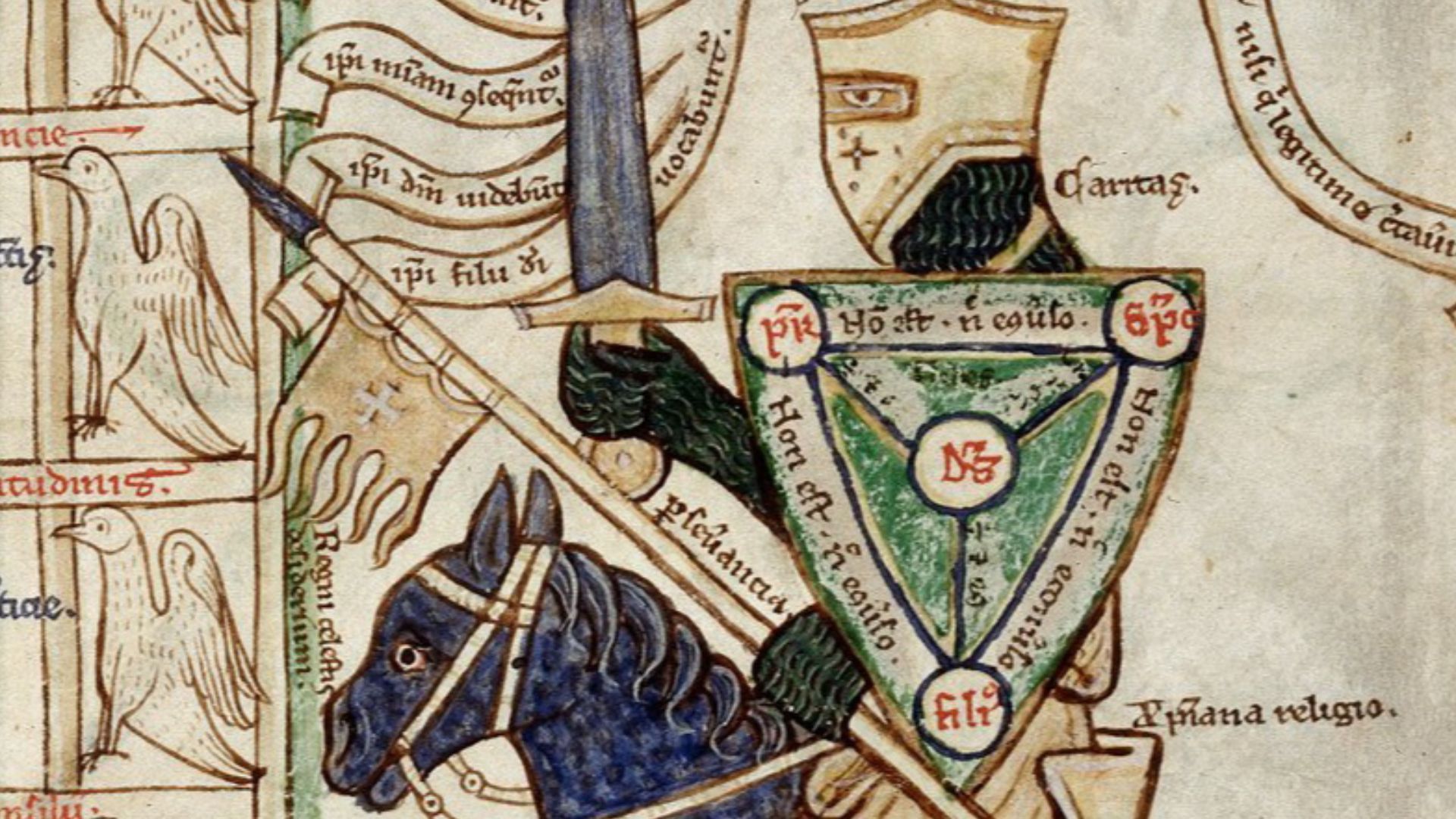 Detail of Harleian ms. 3244, folios 27-28, showing an allegorical knight preparing to battle the seven deadly sins with the