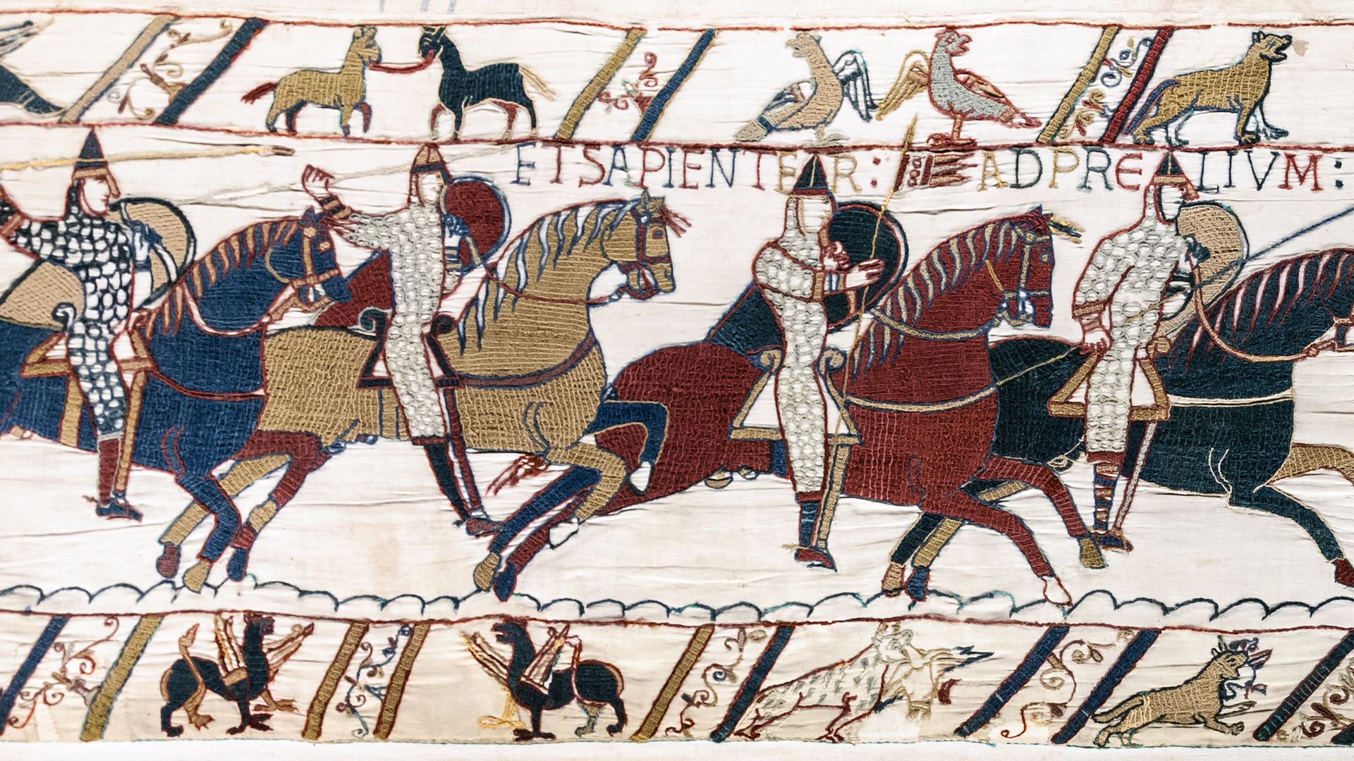 Bayeux Tapestry - Scene 51 (extract)- The Battle of Hastings: Norman knights and archers. The Latin inscription,