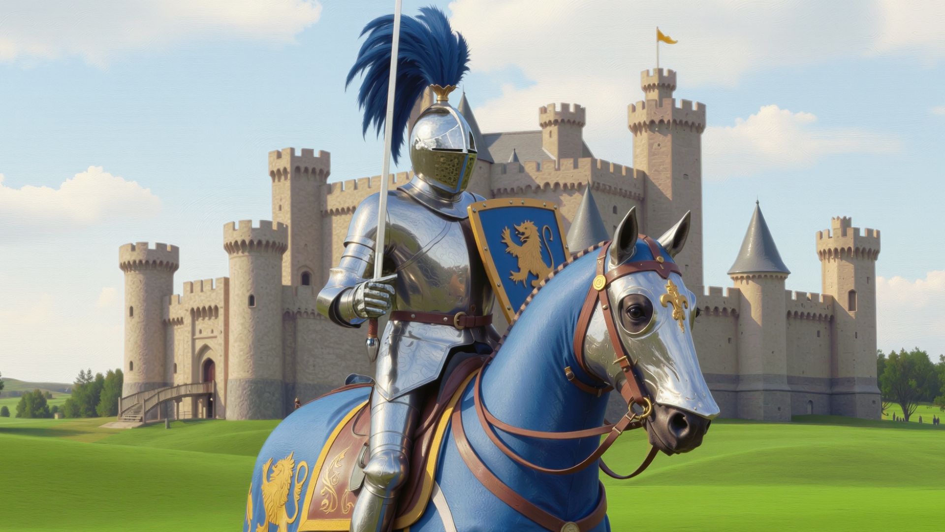 A romantic depiction of a mounted knight, armed with a longsword and a shield with the symbol of roaring lion, with his castle in the background.
