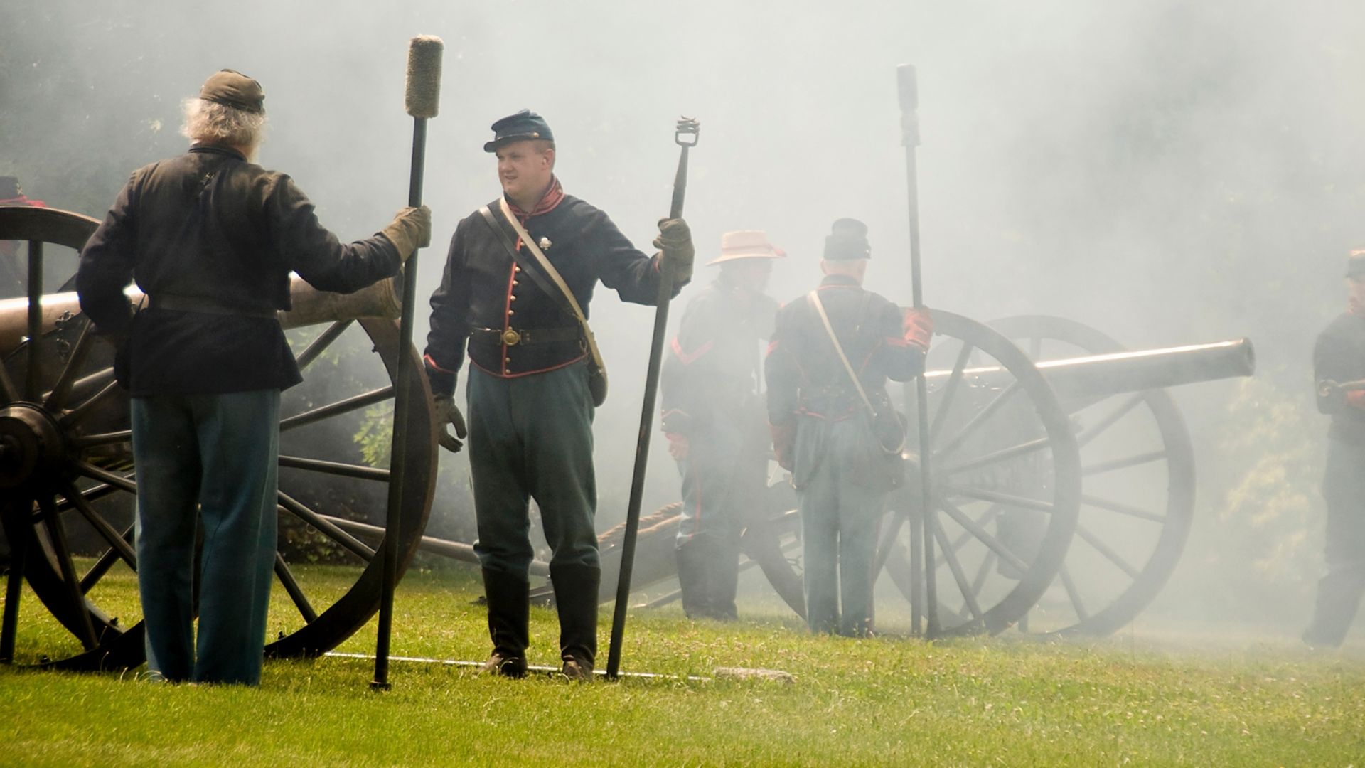 A demonstration is given by historical re-enactors at the Springfield Armory of civil war era field artillery.