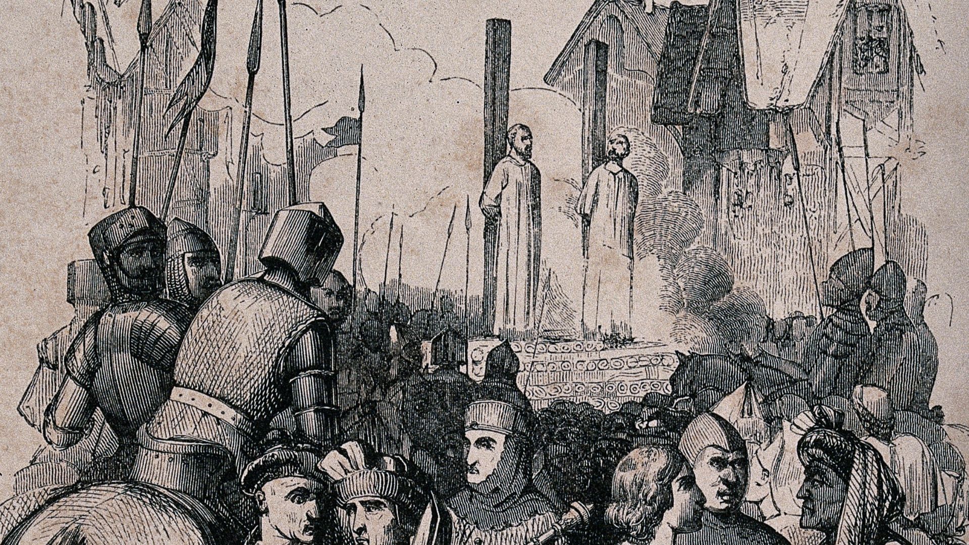 Jacques de Molay, the last grand master of the Knights Templars, burnt alive as a lapsed heretic in Paris. Wood engraving by J. David.

Iconographic Collections
Keywords: J. David