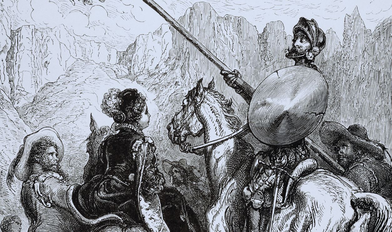Gettyimages - 170975622, Don Quixote. Engraving by Gustave Dore. Don Quixote by Miguel de Cervantes. Don Quixote, Sancho and the princess Dorotea. Engraving by Gustave Dore (I, 29). 19th century.