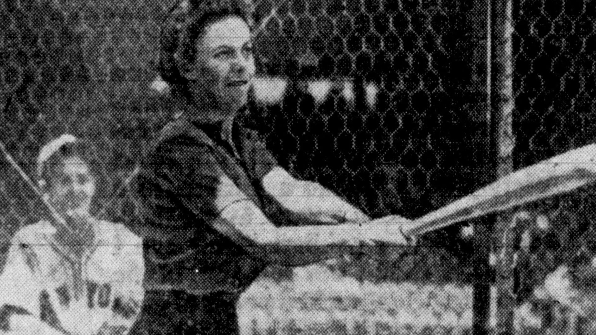 American tennis player Alice Marble taking batting practice at the Polo Grounds in New York City in 1942.