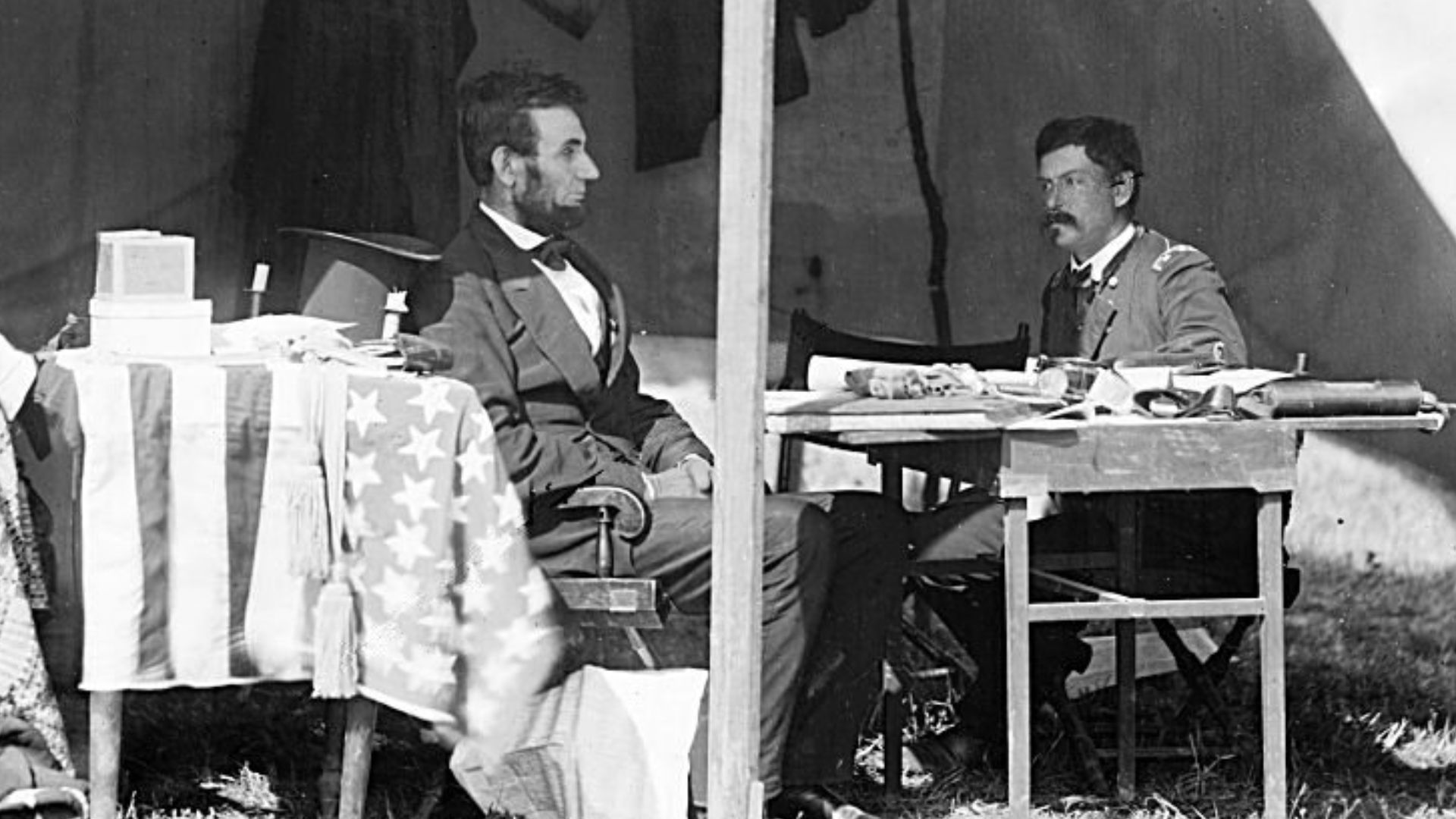 Abraham Lincoln and George B. McClellan in the general's tent at Antietam, Maryland, October 3, 1862.