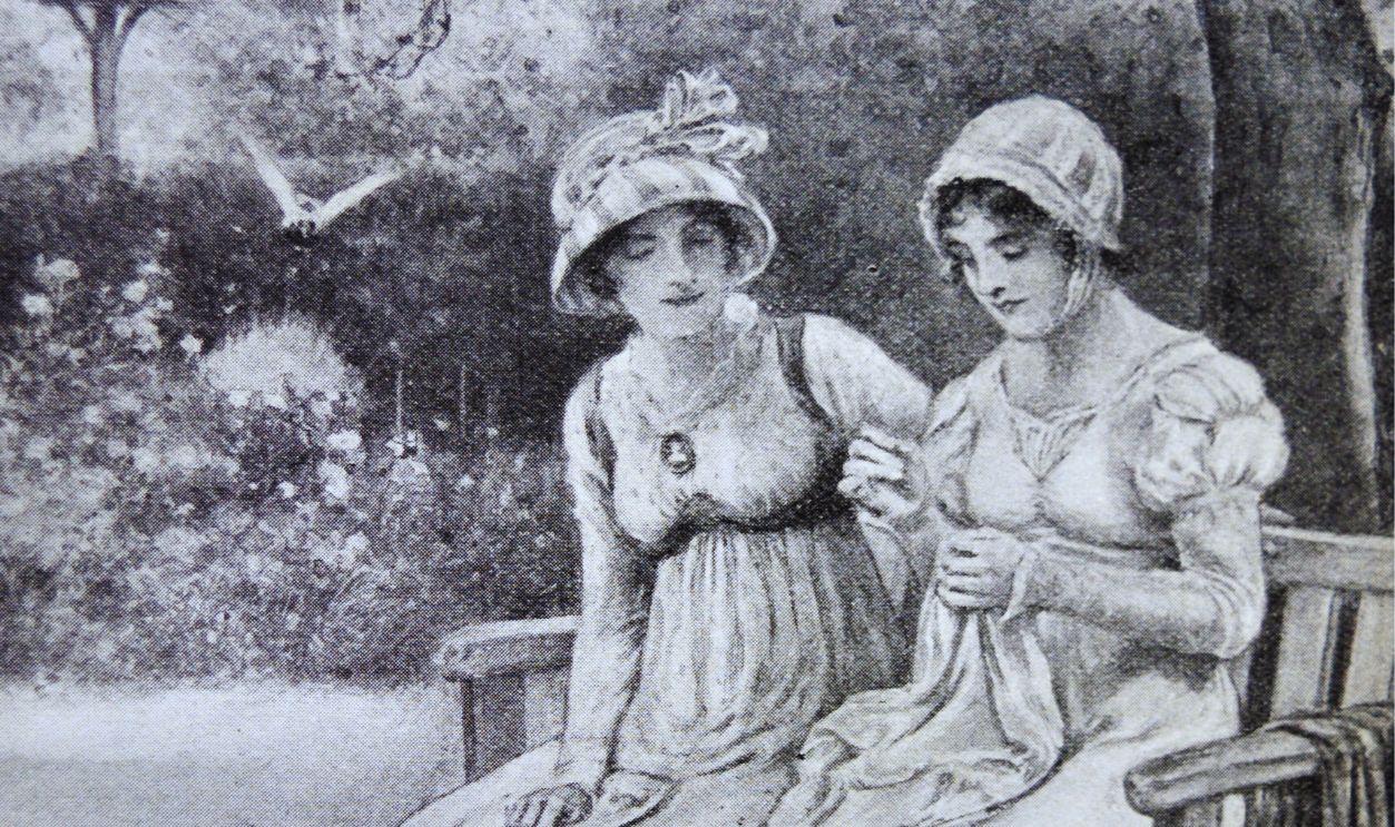 Gettyimages - 520834819, Jane Austen and her sister Cassandra. Engraving of Jane Austen and her sister Cassandra doing needlework in the rectory garden. 