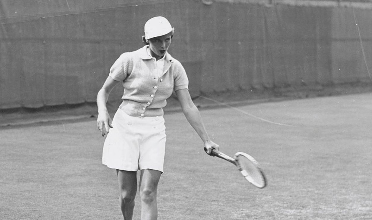 (Original Caption) U.S. Lawn Tennis Championship at Forest Hills, L.I.: Photo shows Kay Stammers, of England in practice just before her match with Miss Barbara Winslow, of Hollywood, California.