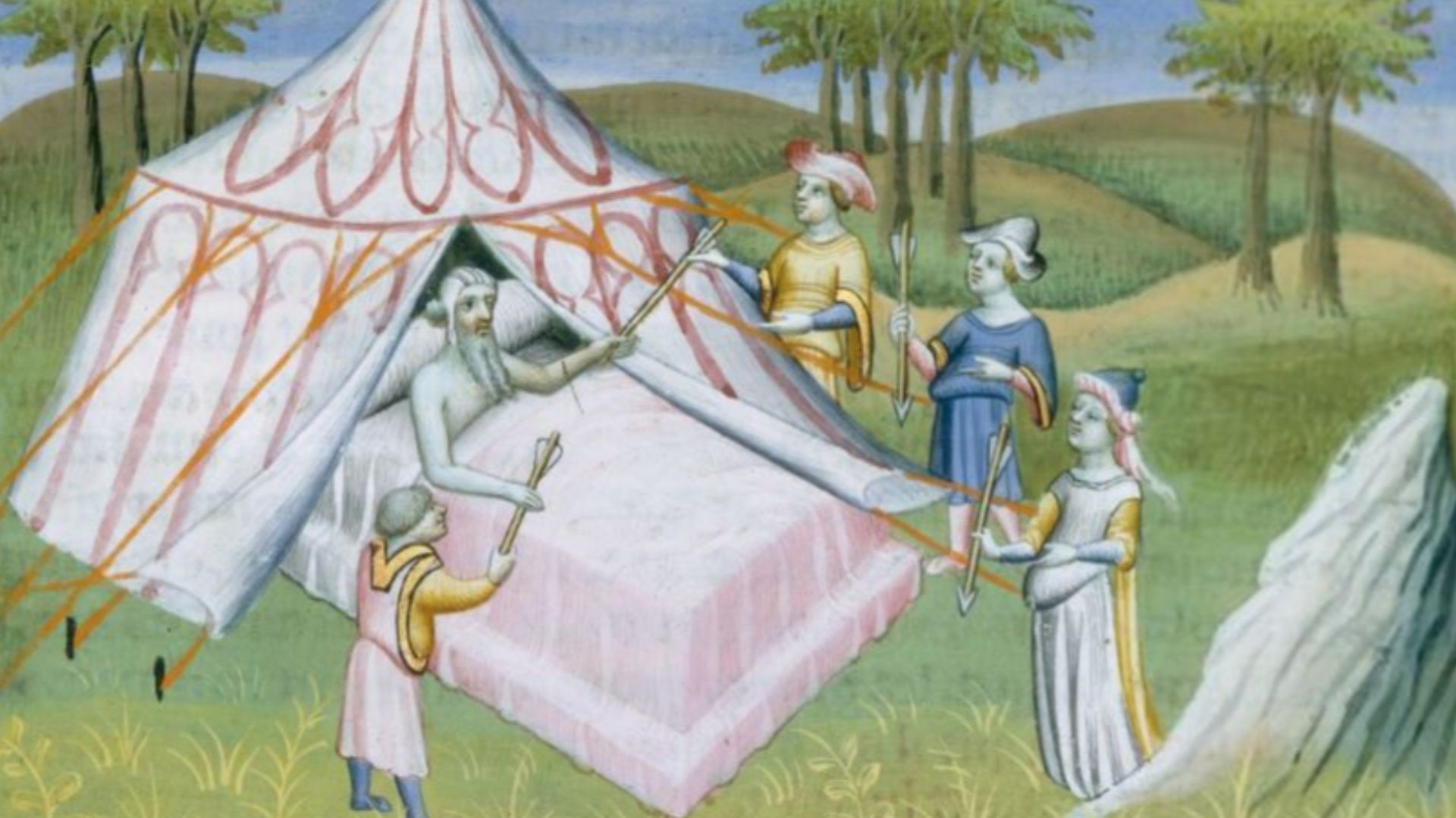 Livre des merveilles. Chinggis Khan advising his sons on his deathbed. Fifteenth-century miniature from Marco Polo’s Livre des Merveilles.