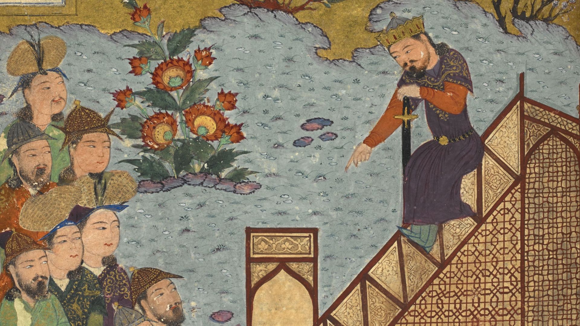 Chingīz Khān in the pulpit in the mosque at Bukhara where the people were assembled for the festival prayers, calling himself the scourge of God. He said he was sent to punish the nation for its sins. A miniature painting illustrating a scene from Ahmad Tabrizi's Shahanshahnama, part of a fourteenth century collection of epic poems.