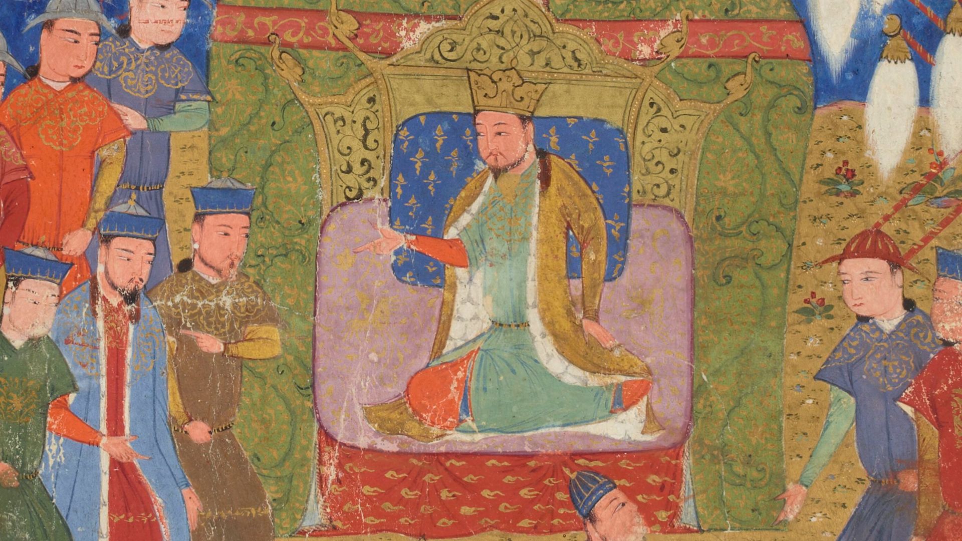 Temüjin being proclaimed as Genghis Khan in 1206, as illustrated in a 15th-century Jami' al-tawarikh manuscript.