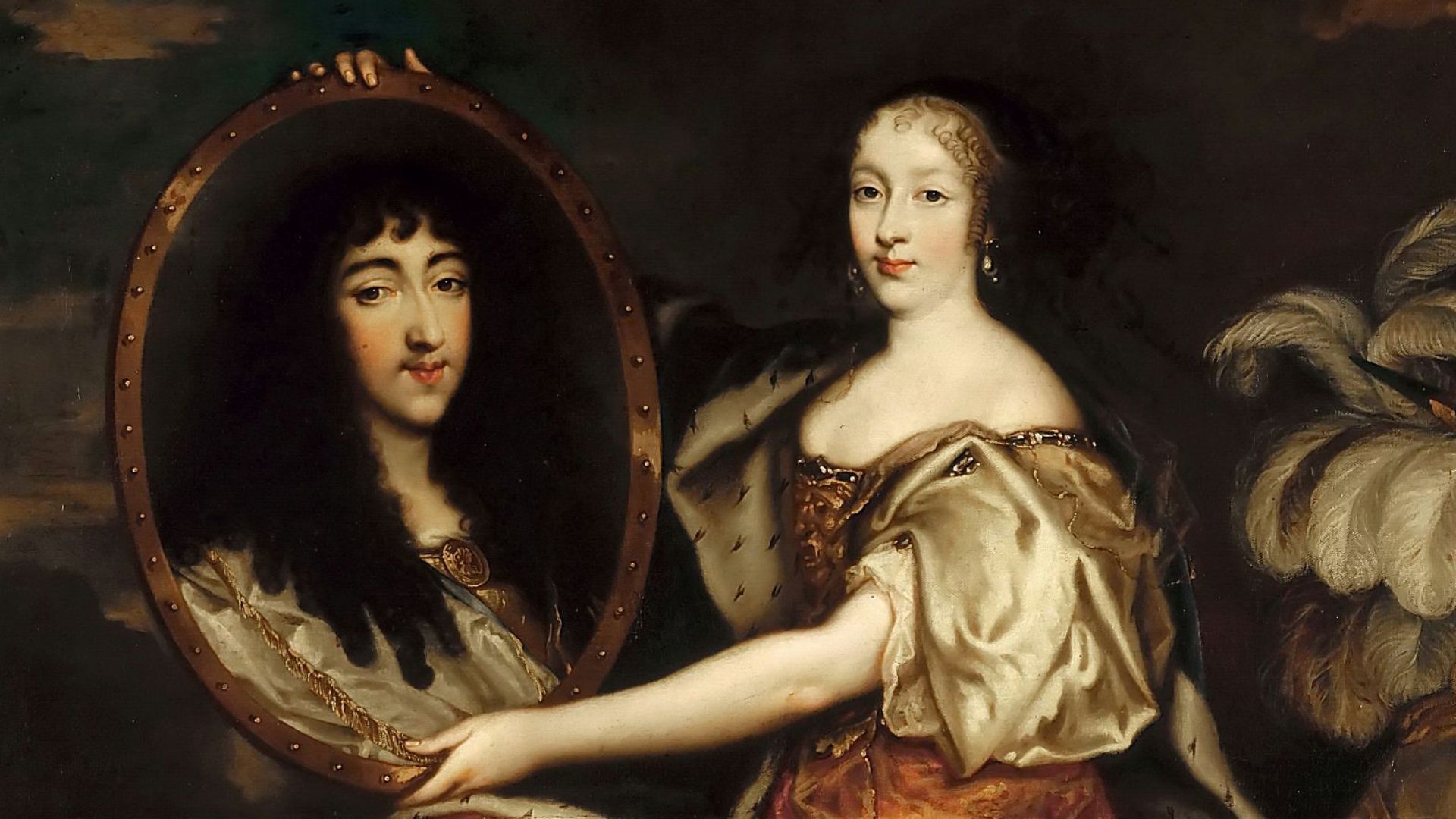 Portrait of Henrietta of England (1644-1670) as Minerva holding a painting of her husband Philippe I, Duke of Orléans (1640-1701).