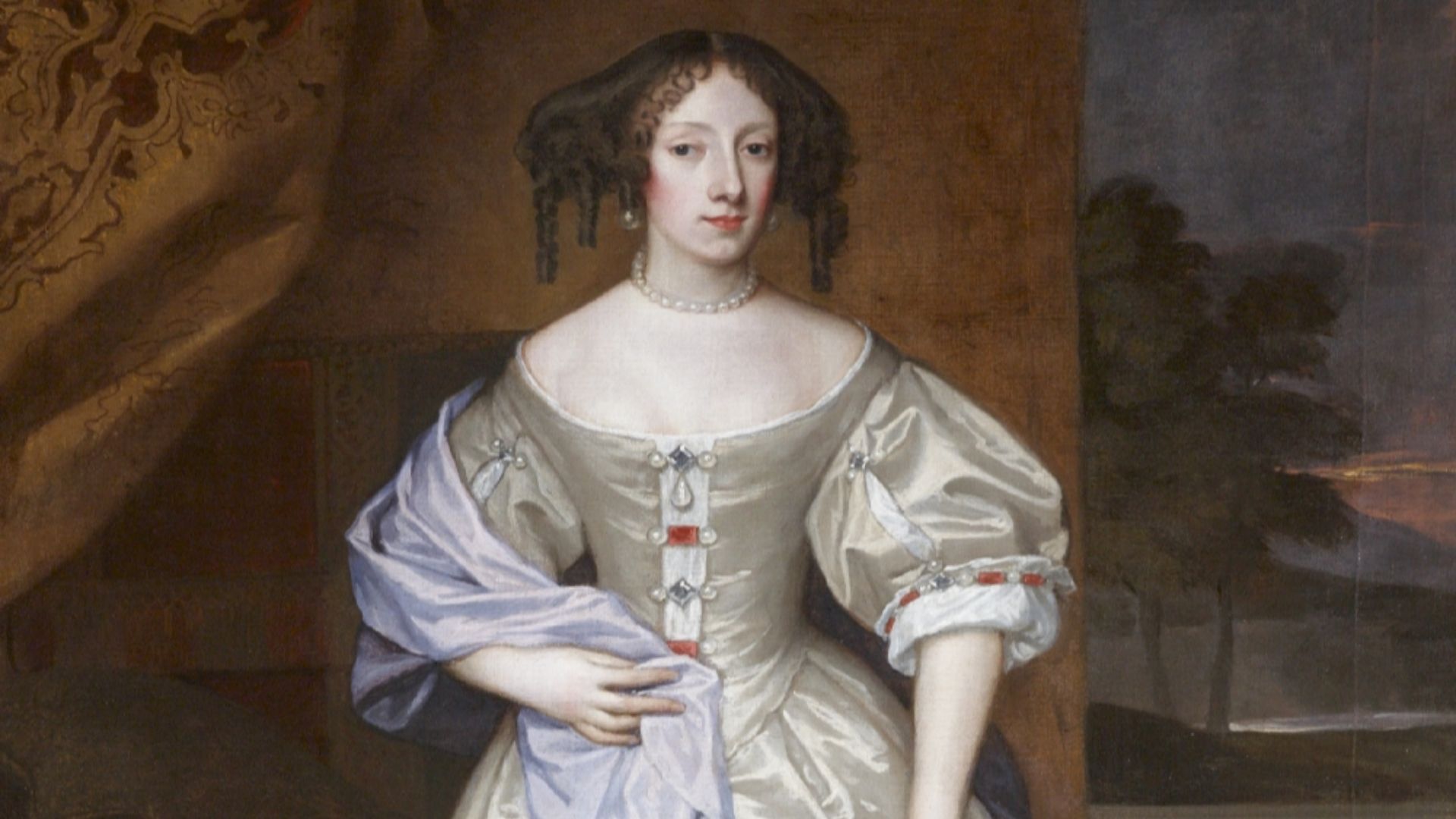Posthumous portrait of Henriette d'Angleterre (Princess Henrietta (1644-1670), daughter of King Charles I of England). She was born in Bedford House, Exeter, the town house of the Duke of Bedford, in which her mother had been given refuge during the troubled time before her father's execution in 1649, and before her flight as an infant to France. This painting was presented by her brother King Charles II to the Corporation of the City of Exeter in recognition of her birth there. Collection of Exeter Guildhall, in the Council Chamber of which it is displayed, with inscribed explanatory gilt panel on lower frame.