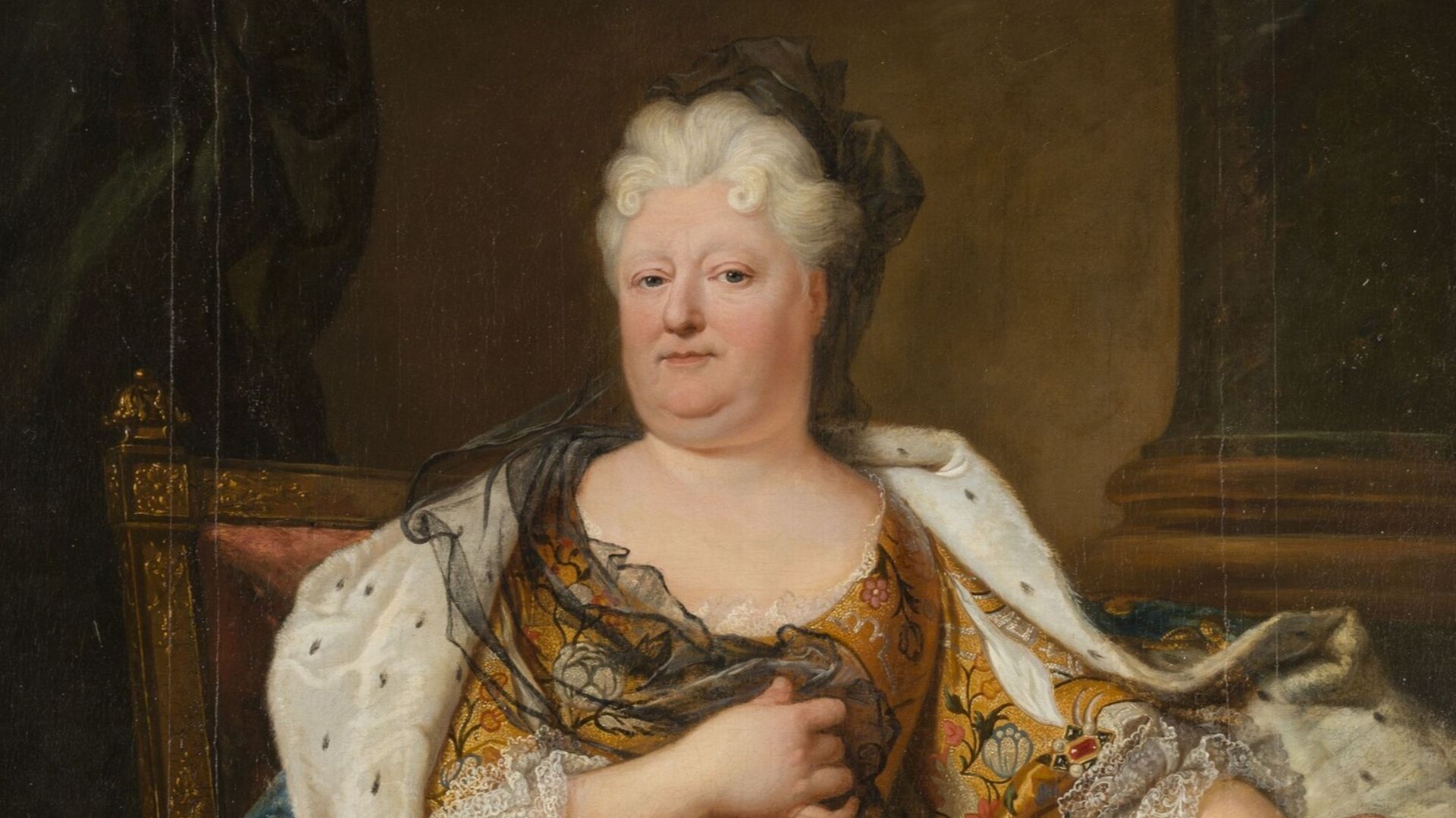 The Duchess wears the black vap and veil of a widow (her husband died in 1701).