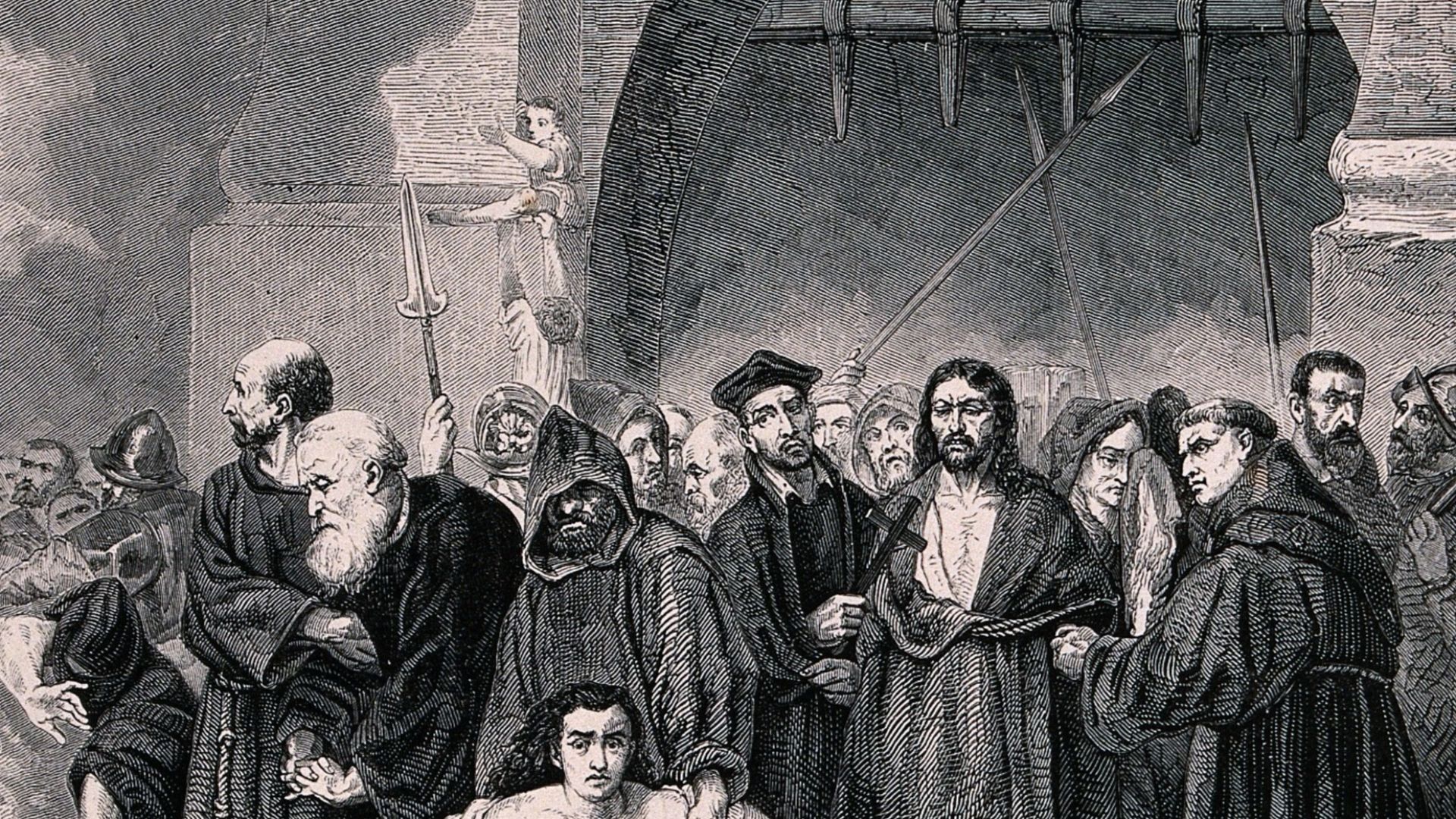 An auto-da-fé of the Spanish Inquisition and the execution of sentences by burning heretics on the stake in a market place. Wood engraving by Bocort after H.D. Linton.

Iconographic Collections
Keywords: Henry Duff Linton