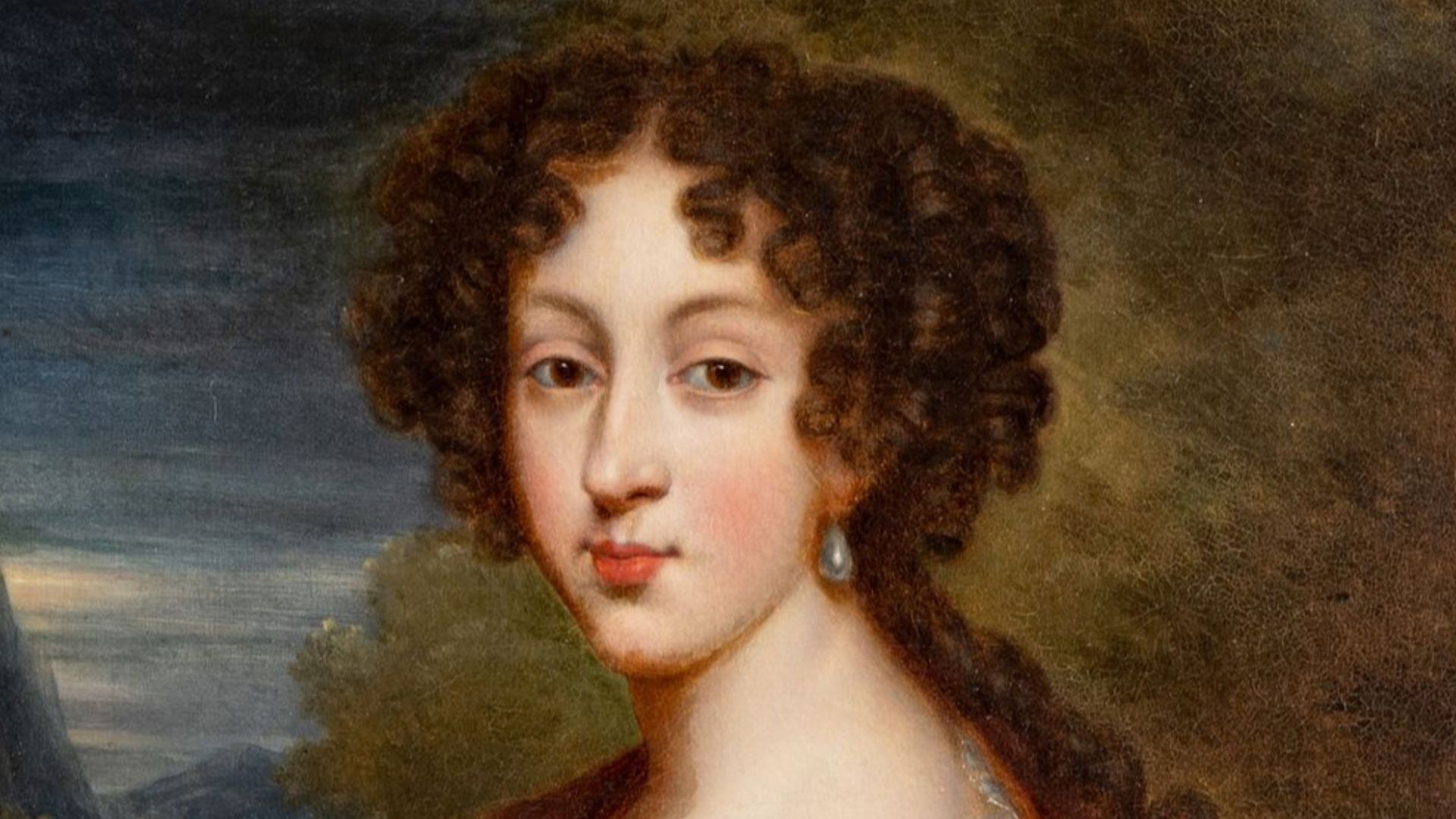 19th-century oil on canvas portrait of Marie-Louise d'Orléans (1662-1689), after a 17th-century portrait painted before her marriage to King Charles II of Spain. Having a carved giltwood frame (H 35