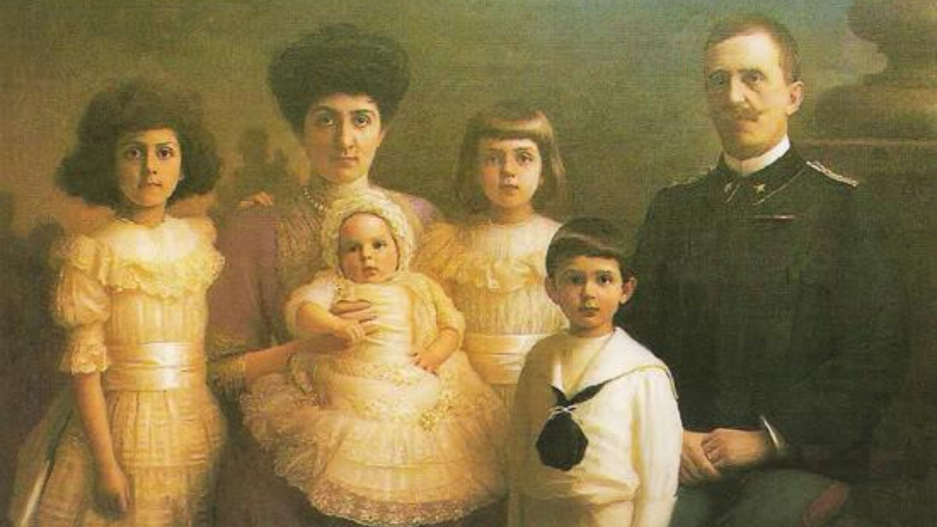 Italian royal family in 1908, painted by Petar Lubarda in Cetinje during the state visit of king and queen of Italy in Montenegro.
From left: HRH princess Yolanda; HM Queen Elena, princess of Montenegro with HRH princess Jane; HRH princess Mafalda, HRH crown prince Umberto & HM king Victor Emanuel III