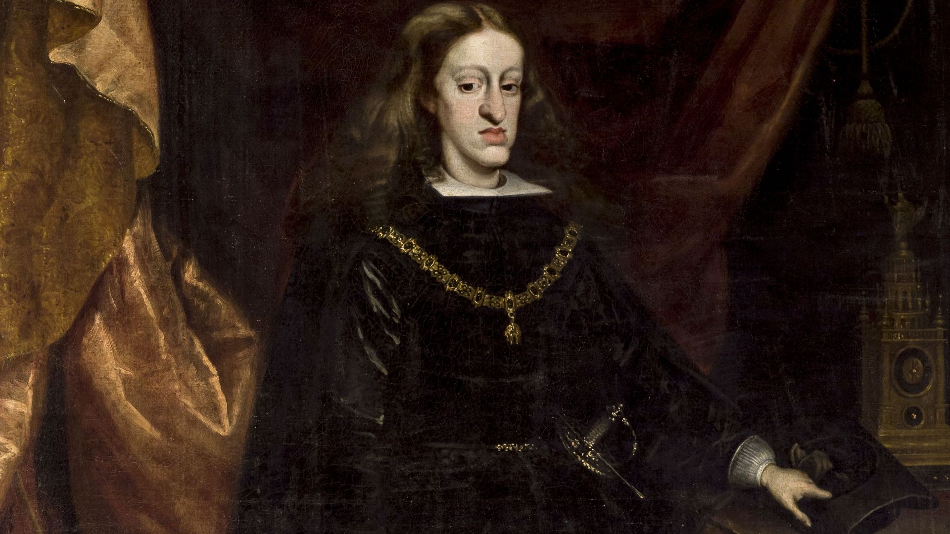 Retrato del rey Carlos II de España (1661-1700). Este lienzo es una variante ampliada del retrato de medio cuerpo del monarca custodiado en el Kunsthistorisches Museum de Viena y pintado a finales del siglo XVII por Juan Carreño de Miranda.