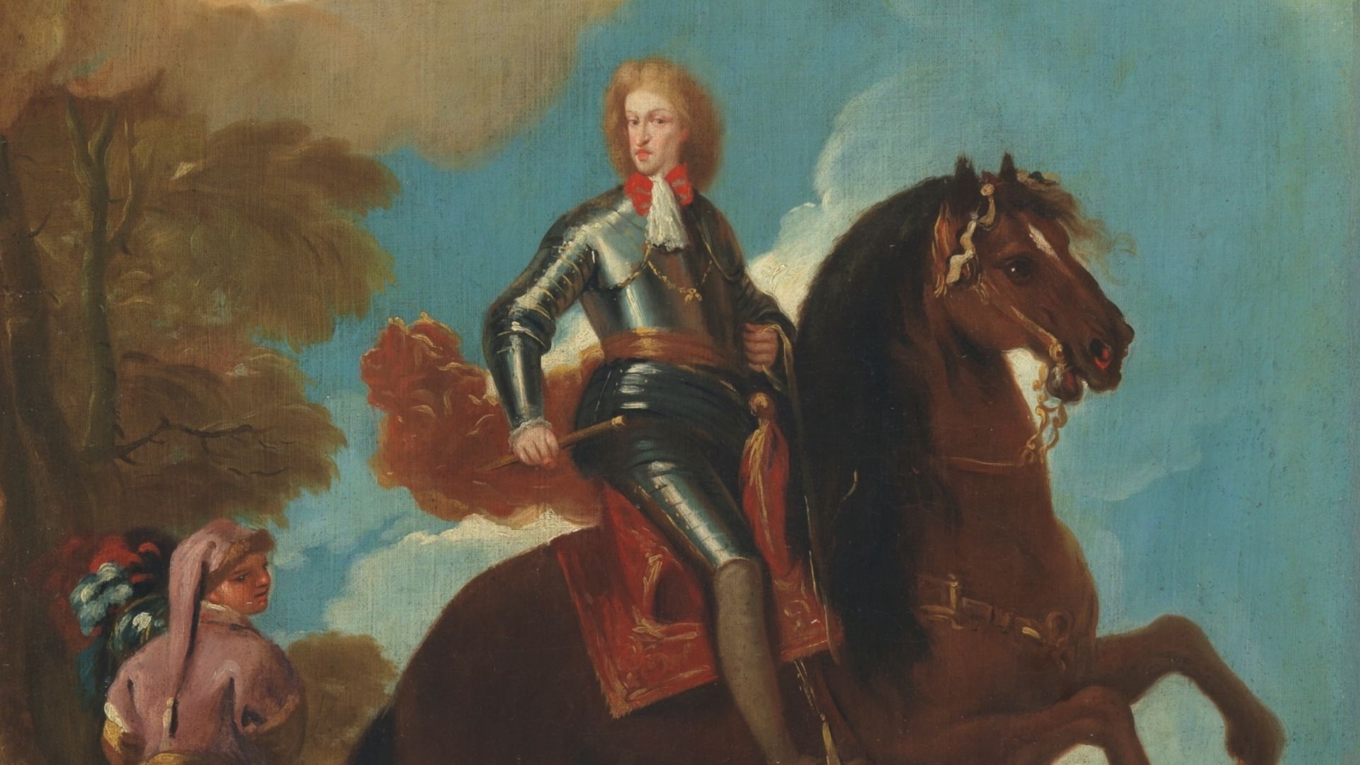 Este retrato ecuestre y el de Mariana de Neoburgo (P2763) son copias antiguas de la pareja conservada también en el Museo del Prado (P197 y P198). Su factura es seca y plana por lo que sorprende que en alguna ocasión hayan sido considerados los ejemplares originales. Por otro lado, su autor ha despreciado la técnica de Giordano, que utiliza la preparación rojiza como un elemento importante de la pintura. Además, este modesto copista presenta problemas graves para la definición de los planos en profundidad, las anatomías, rostros, proporciones, ropajes, etc. 
Fuente: Museo Nacional del Prado