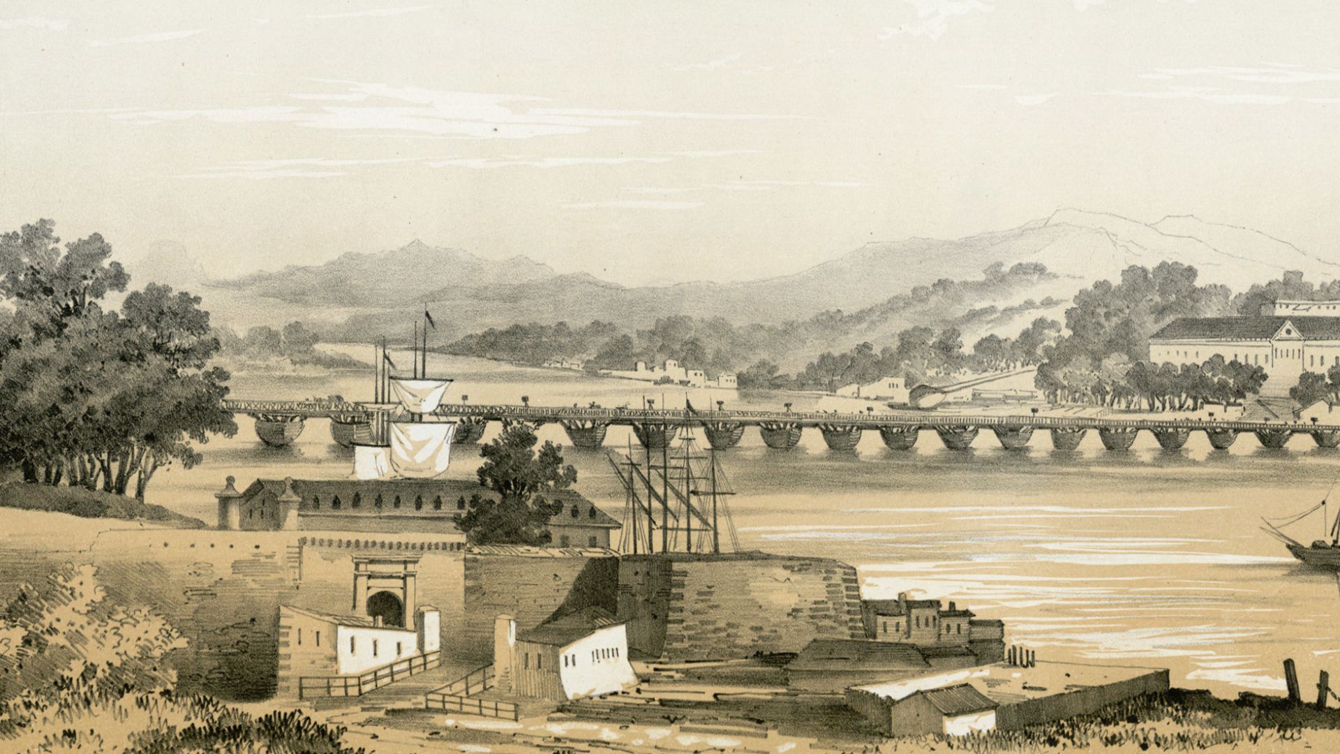 Lithographie représentant le pont flottant de Bayonne détruit en 1848
Fait partie d'un recueil de 15 planches lithographiées en camaïeu avec titre lithographié

Ancely, René (1876 - 1966). Possesseur