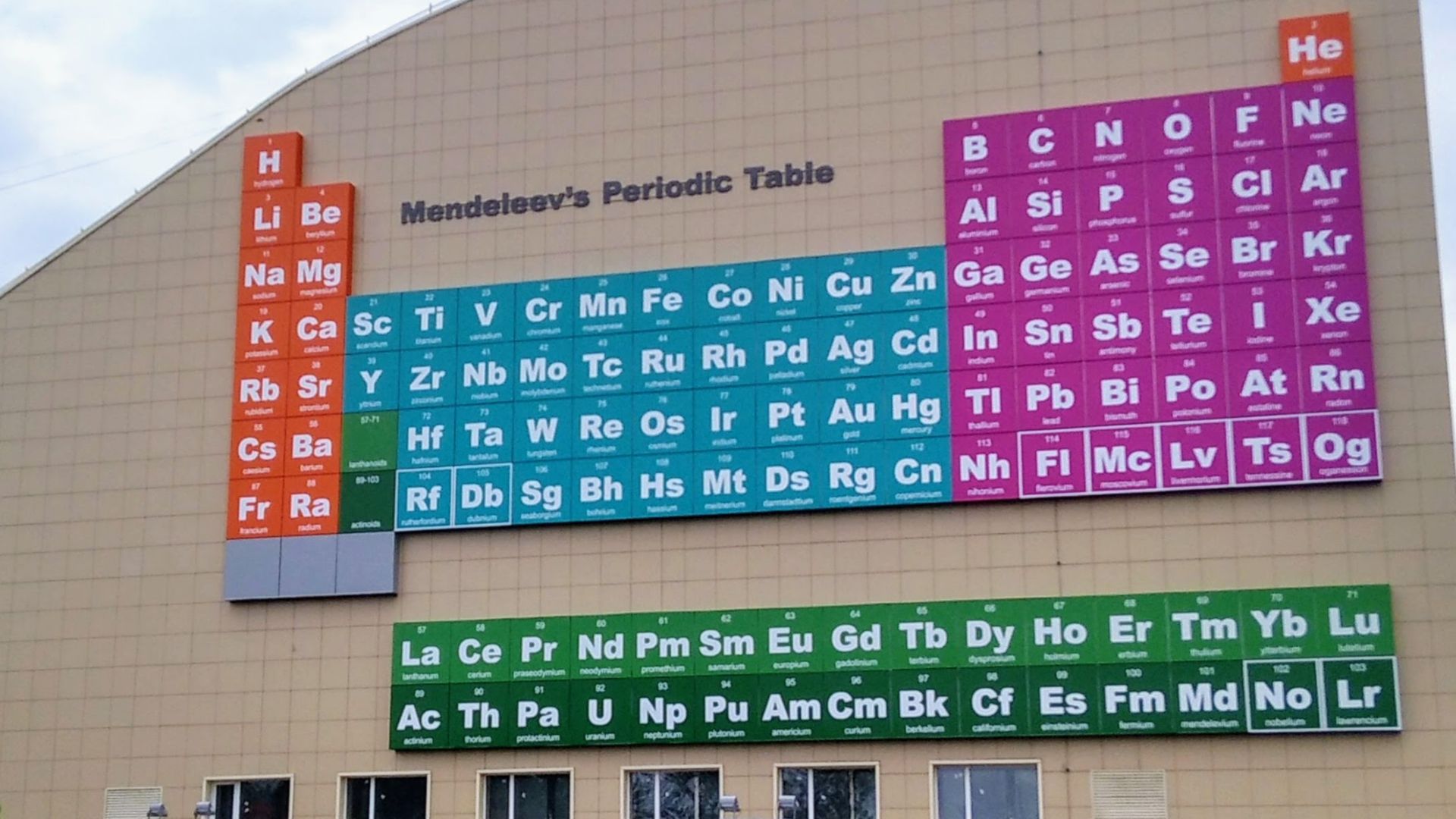 Периодическая система химических элементов (таблица Менделеева) на стене здания в Дубне