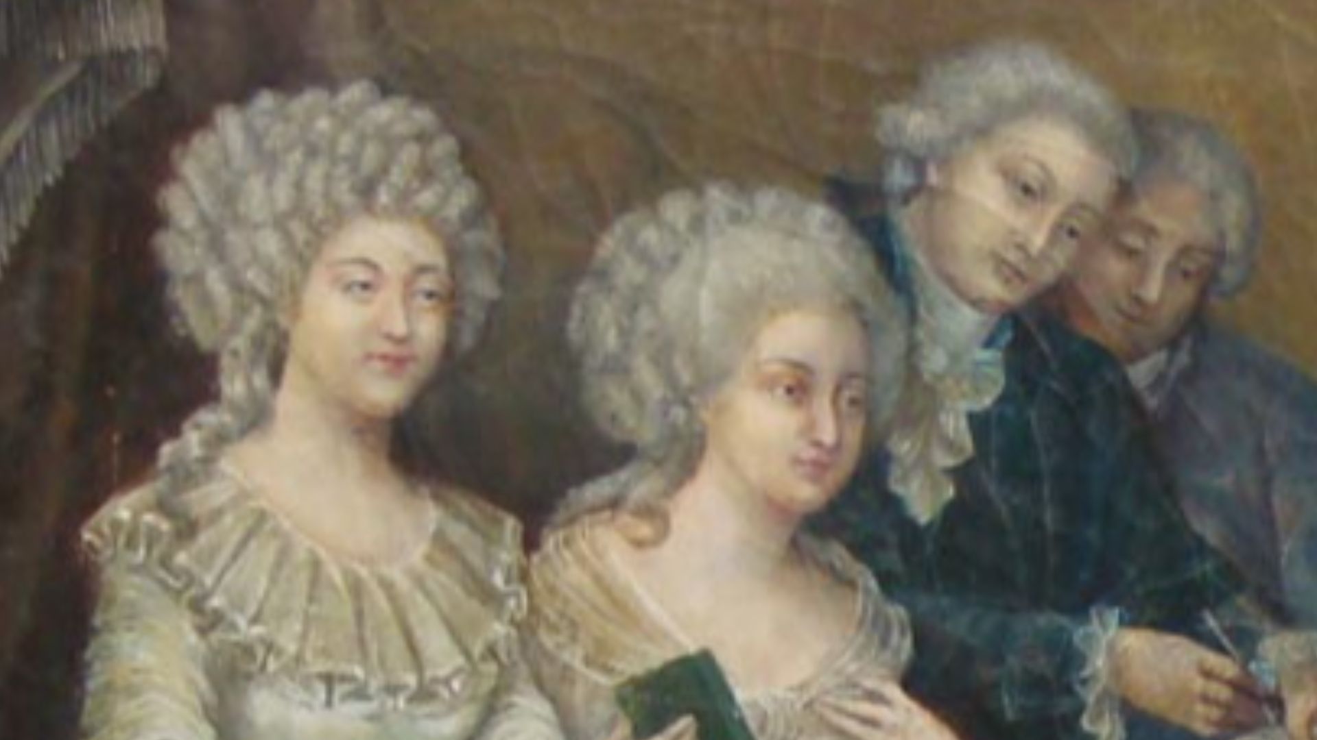 inspired by the Portrait of Antoine-Laurent Lavoisier and his wife by Jacques-Louis David (1788), 

Marie-Anne Paulze (Mme. Lavoisier, left), Claudine Picardet (Mme. Guyton de Morveau, with book), Claude Louis Berthollet, Antoine-François Fourcroy, Antoine Lavoisier (seated) and Louis-Bernard Guyton de Morveau  (right).