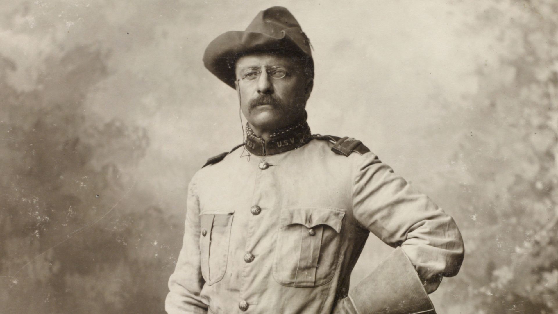 General Theodore Roosevelt (1858-1919), in rough rider uniform, full-length portrait, standing, facing slightly left