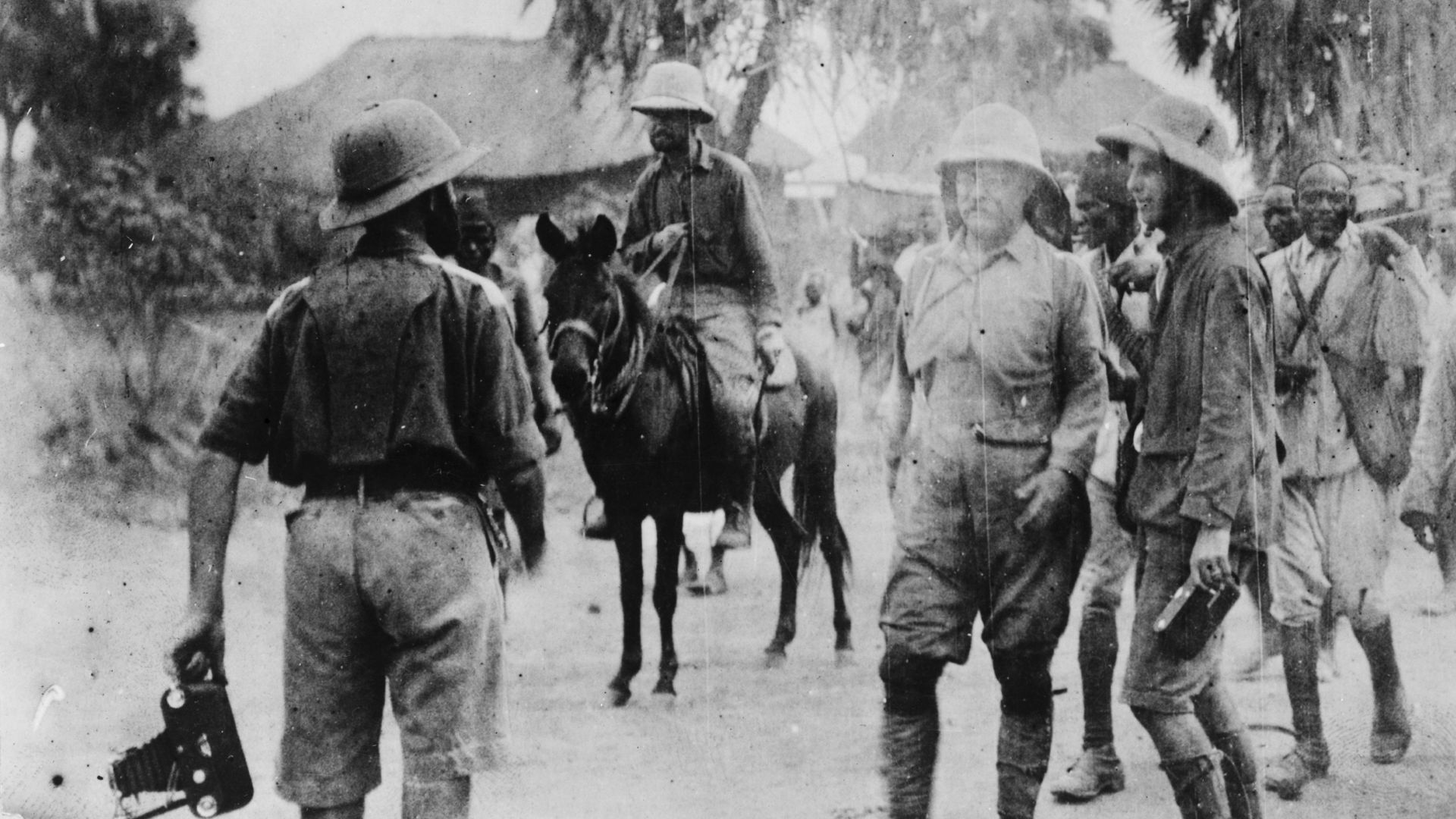 TITLE:  Theodore Roosevelt and Kermit Roosevelt with others in Africa
CALL NUMBER:  PRES FILE - Roosevelt, Theodore--In Africa  [P&P]
REPRODUCTION NUMBER: LC-USZ62-106033 (b&w film copy neg.)
MEDIUM:  1 photographic print.
CREATED/PUBLISHED:  c1910.
NOTES: Originally from 
J140309 U.S. Copyright Office.
SUBJECTS:
Roosevelt, Theodore,--1858-1919--Journeys--Africa.
Roosevelt, Kermit,--1889-1943--Journeys--Africa.
FORMAT: Photographic prints 1910.
DIGITAL ID:  (b&w film copy neg.) cph 3c06033 hdl.loc.gov/loc.pnp/cph.3c06033 

CONTROL #:  92519591