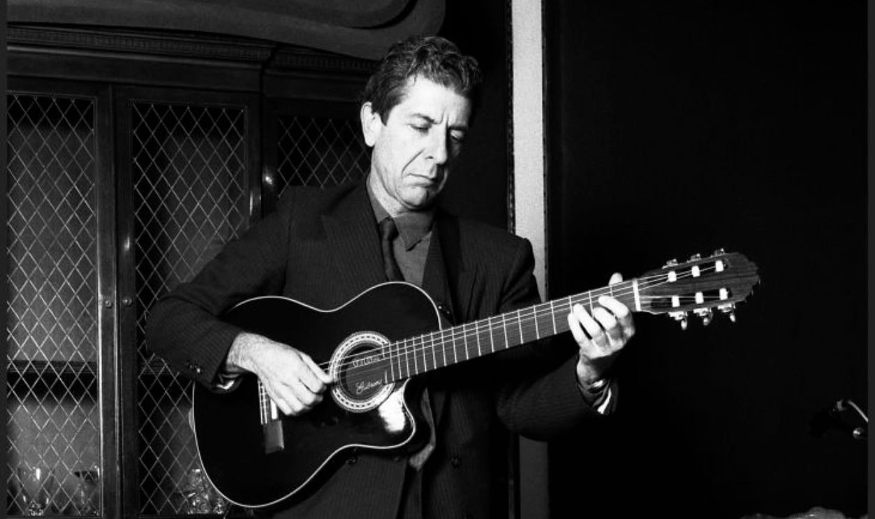 Leonard Cohen, Canadian poet and singer-songwriter, plays some of his songs in a small recording studio, lower Manhattan, New York, mid 1980s.