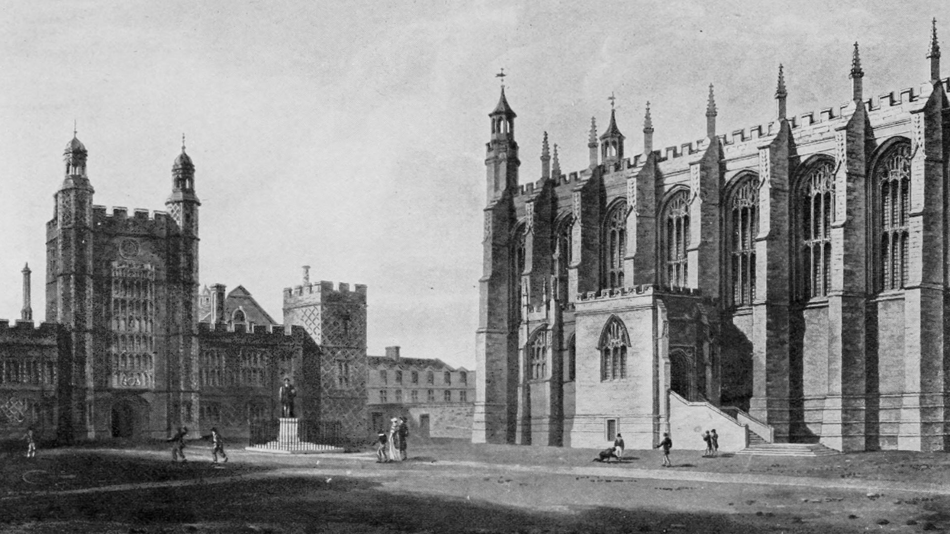 Eton College Chapel, Lupton's Tower, and School Yard
From an etching by F. Buckler (c. 1814).