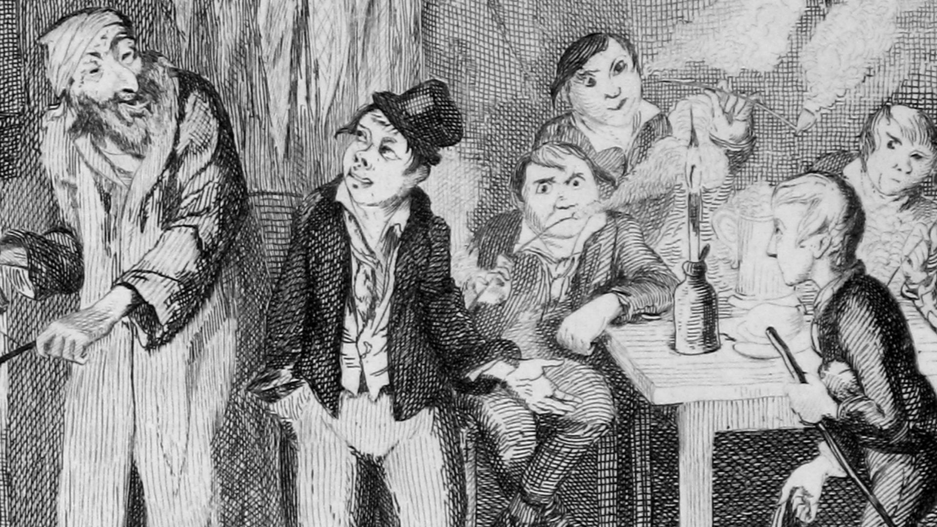 Detail of an original George Cruikshank engraving showing the Artful Dodger introducing Oliver to Fagin.
