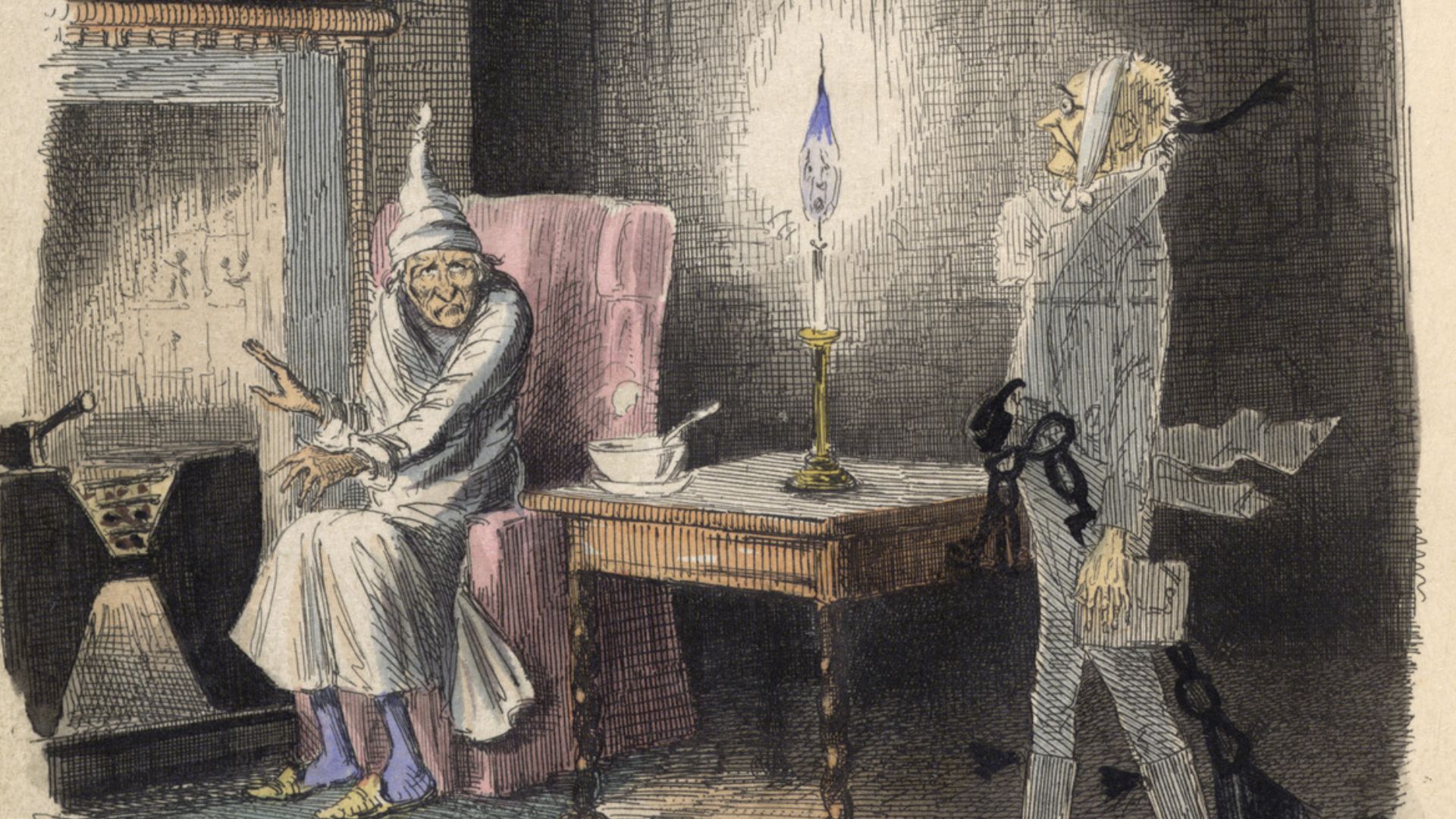 Marley's Ghost. Ebenezer Scrooge visited by a ghost.

Colour illustration from 'A Christmas Carol in prose. Being a Ghost-story of Christmas', by Charles Dickens, With illustrations by John Leech.