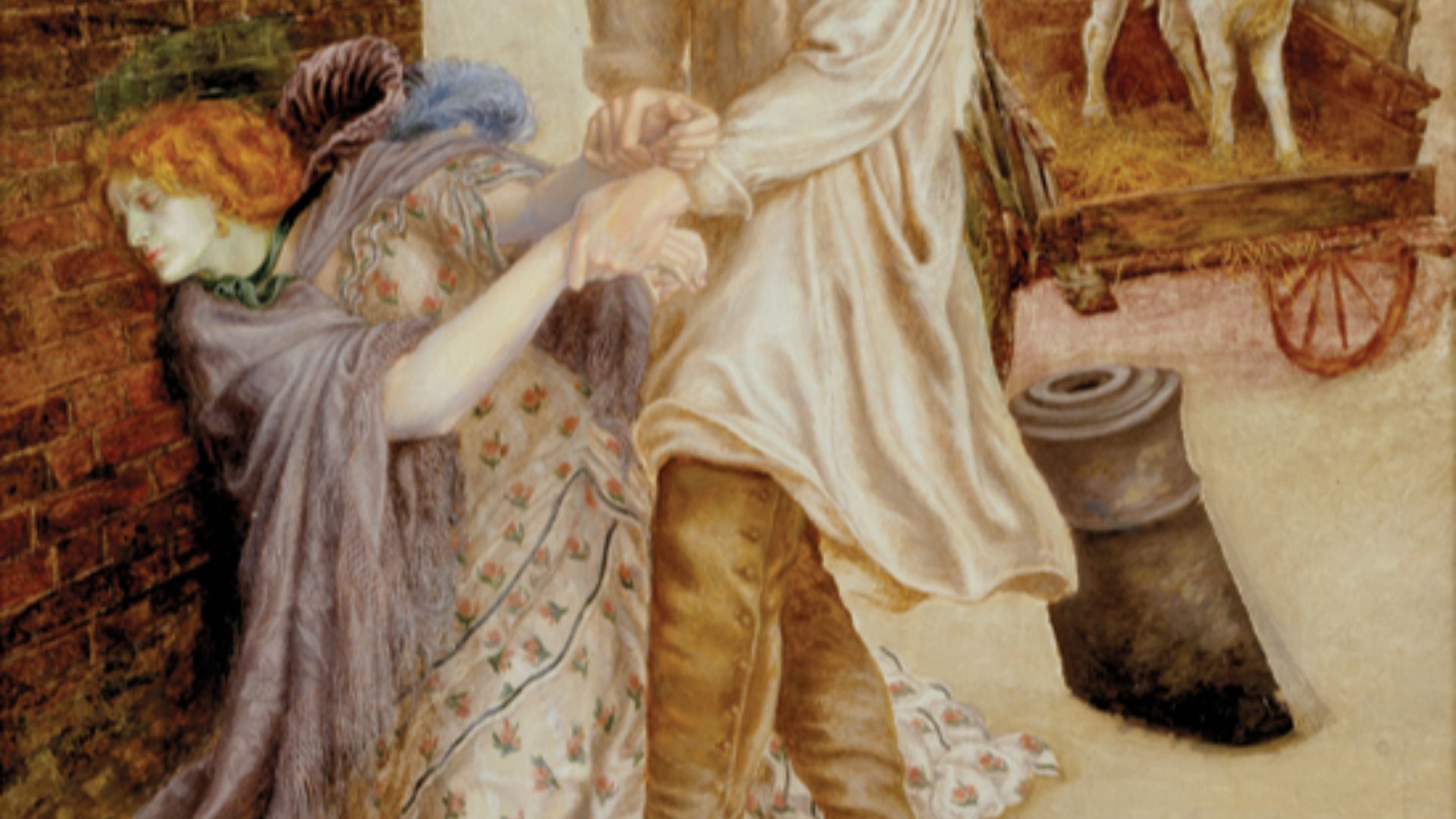 In Found, the scene is early morning light, when a man, bringing his calf to the city of London on market day, comes upon a woman collapsed by the side of the road, her face green with illness. As he goes to her aid, he recognizes her as his sweetheart of earlier (and happier days) from his country village. Rossetti hints at her fallen state by including faded roses on her dress. (see references)