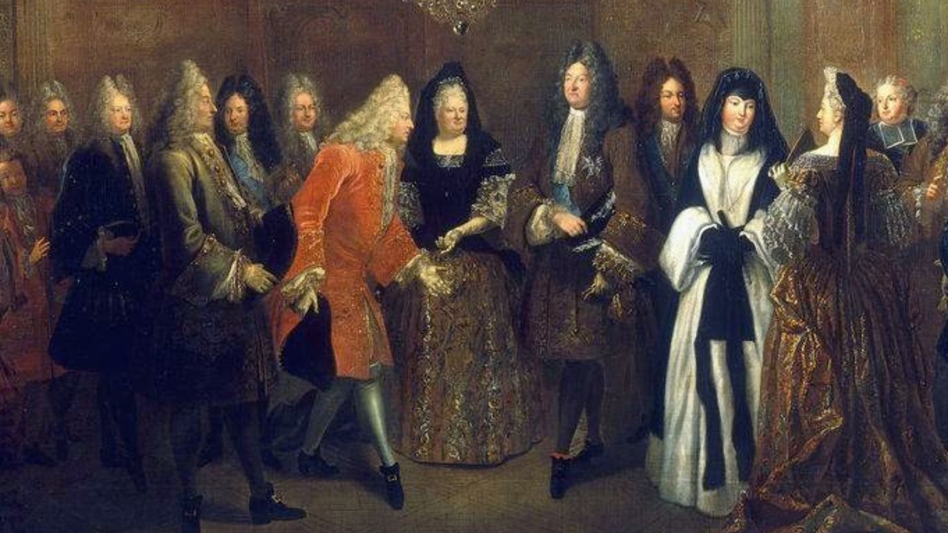 Ludwig XIV.von Frankreich empfängt Friedrich August von Sachsen, den Sohn August des Starken, in Fontainebleau. Von 1711 bis 1719 befand sich der Kurprinz auf seiner Kavallierstour durch Europa und machte im Herbst 1714 in Paris Station. (links Friedrich August von Sachsen, in der Mitte Ludwig XIV. und rechts dessen Schwägerin Herzogin Liselotte von Orléans)